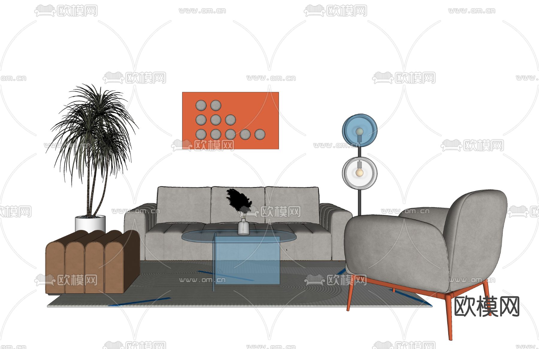 北欧布艺沙发组合su模型下载（渲染图2）