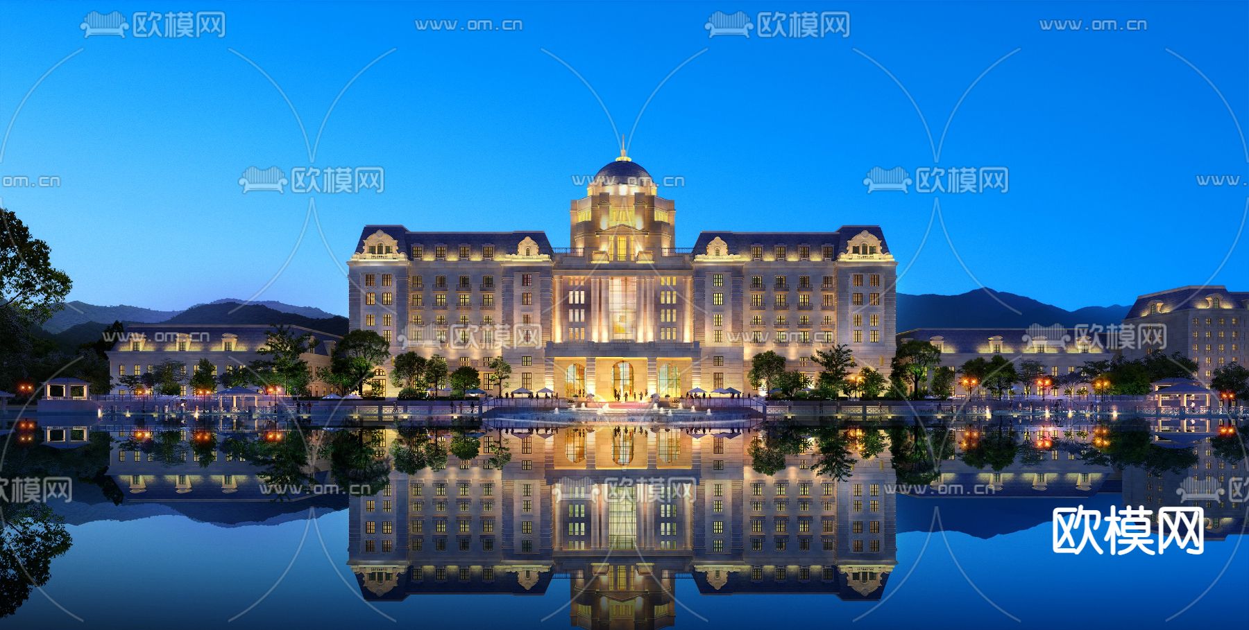欧式酒店建筑外观夜景3d模型