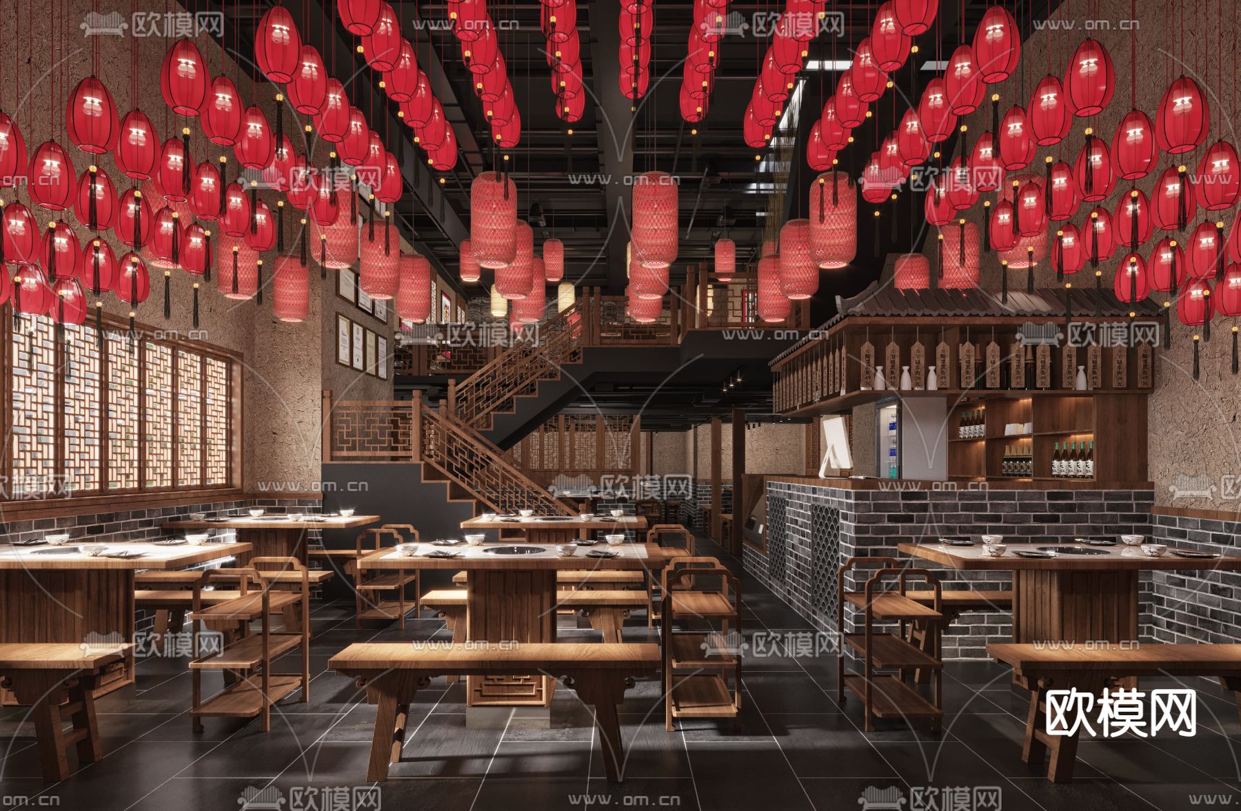 新中式火锅店3d模型下载_ID11716876_3dmax免费模型-欧模网