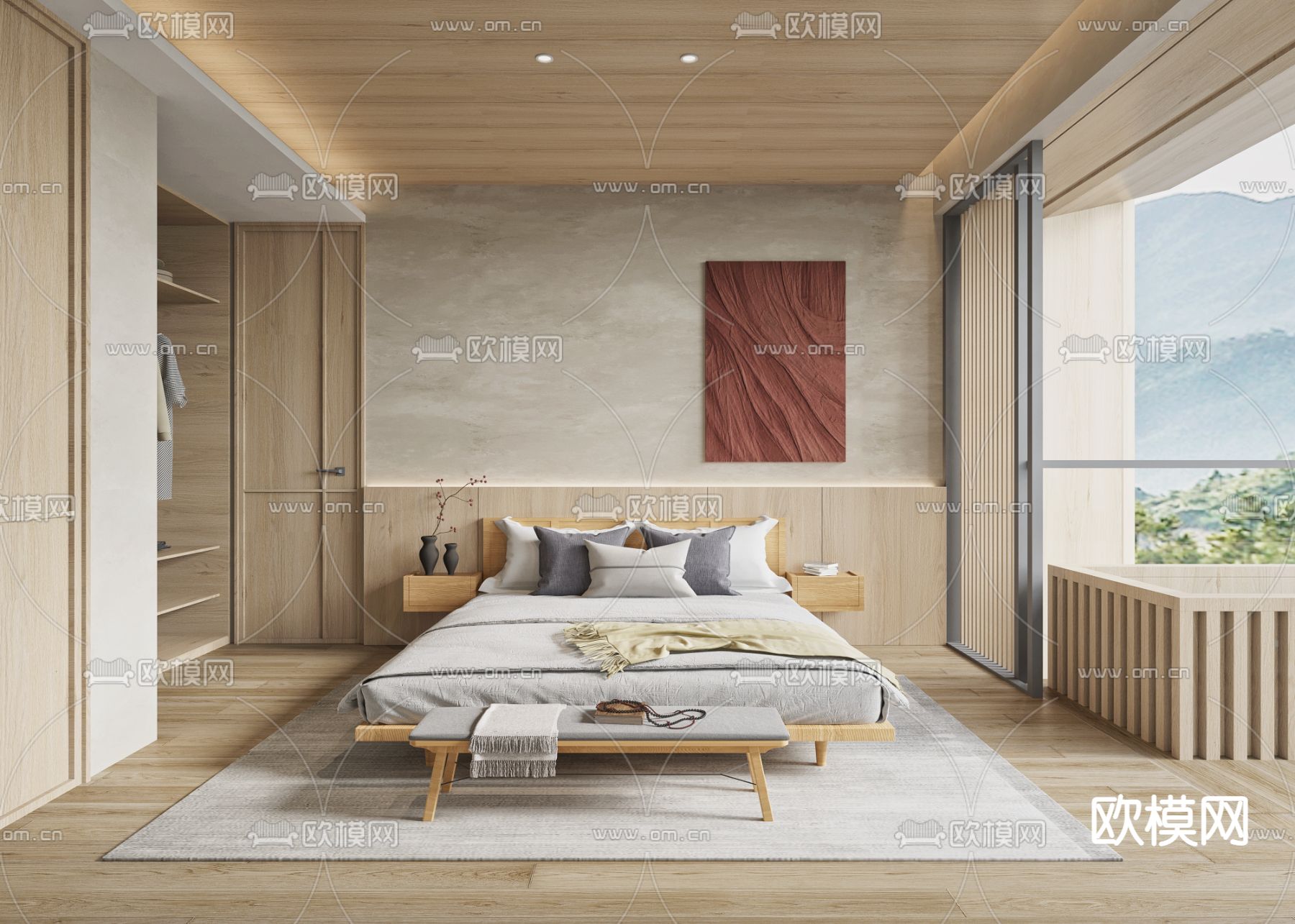 现代原木民宿客房3d模型下载