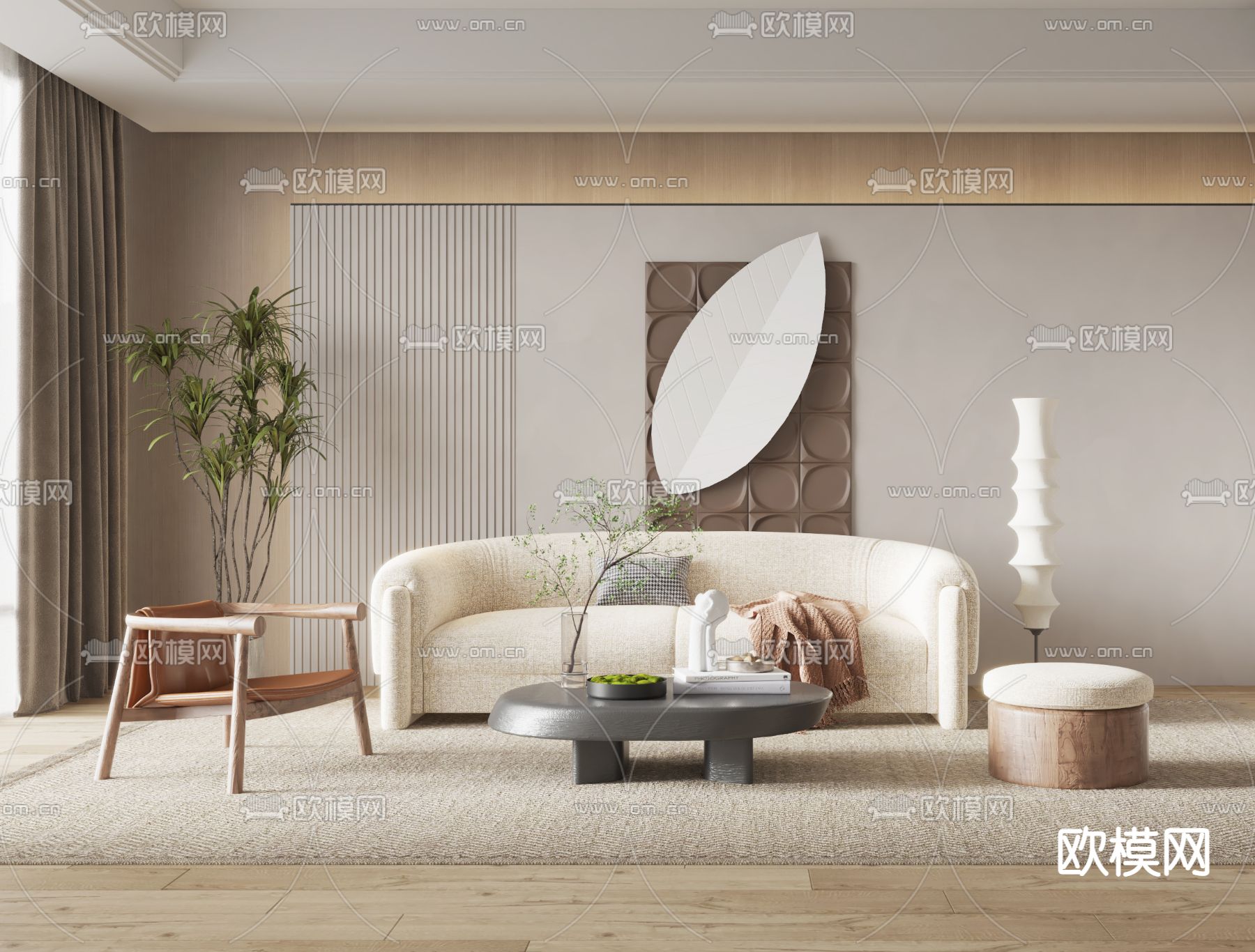 侘寂风布艺沙发组合3d模型下载