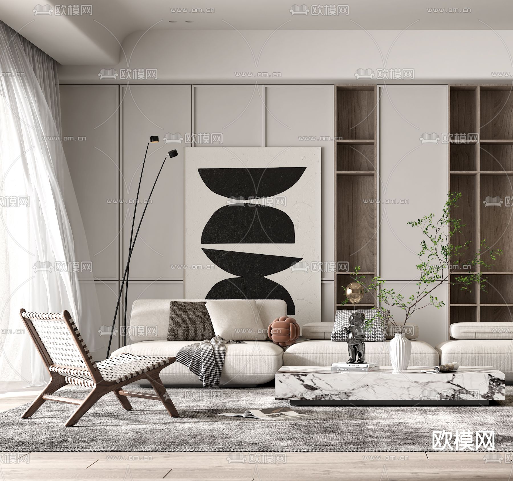 侘寂风布艺沙发组合3d模型下载（渲染图2）