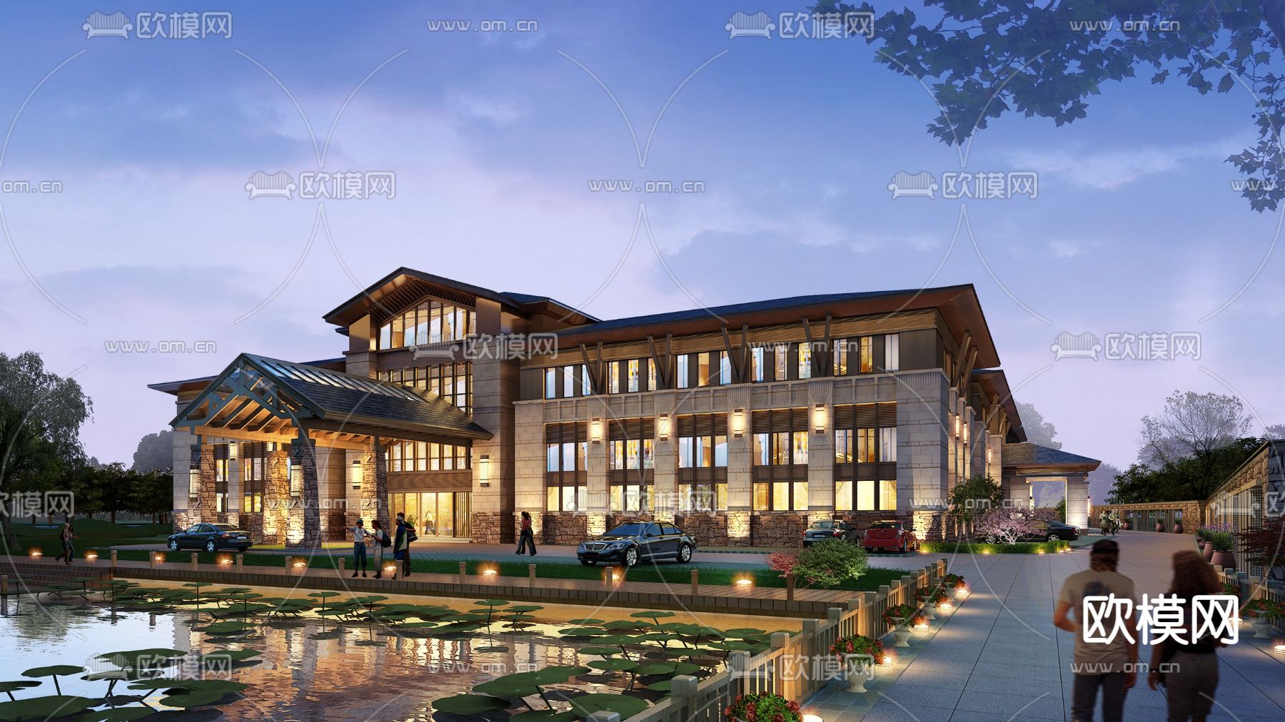 中式酒店建筑外观夜景3d模型下载