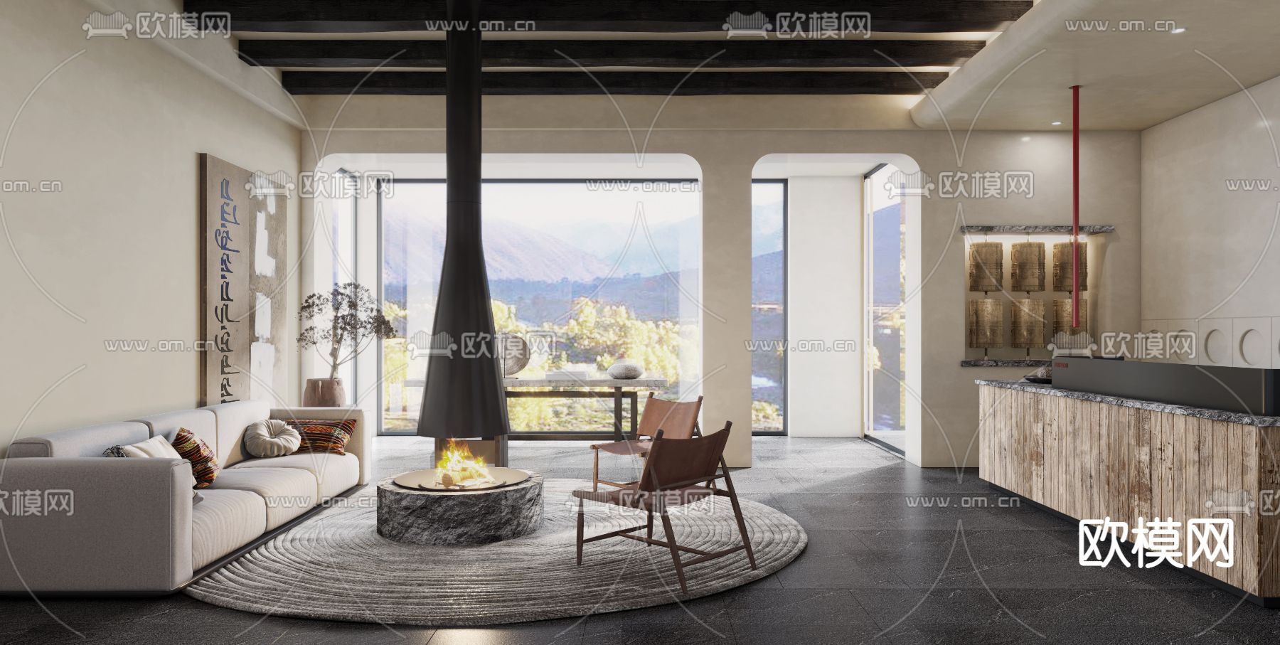 现代藏式民宿大厅3d模型下载（渲染图1）