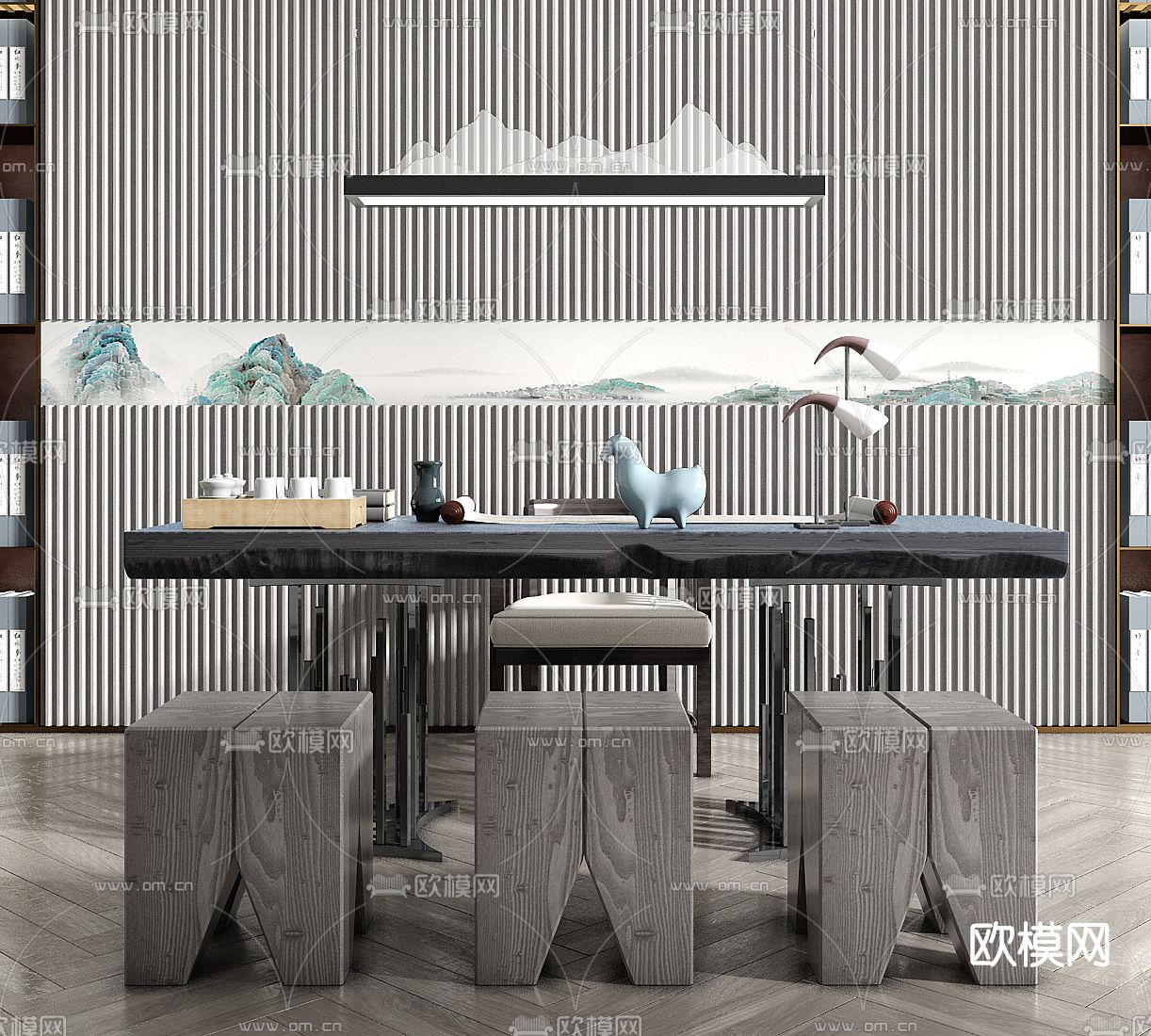 新中式实木书桌椅su模型下载（渲染图1）