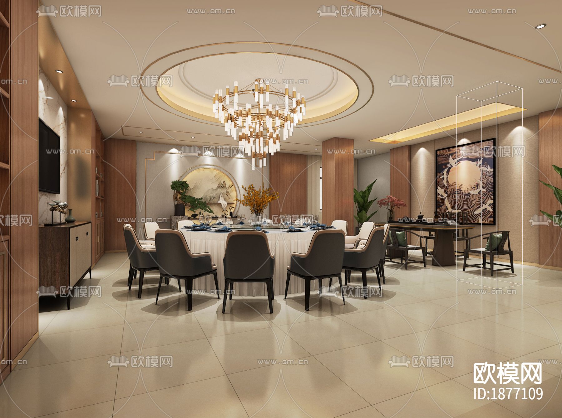 新中式海鲜餐厅cad施工图下载（渲染图1）