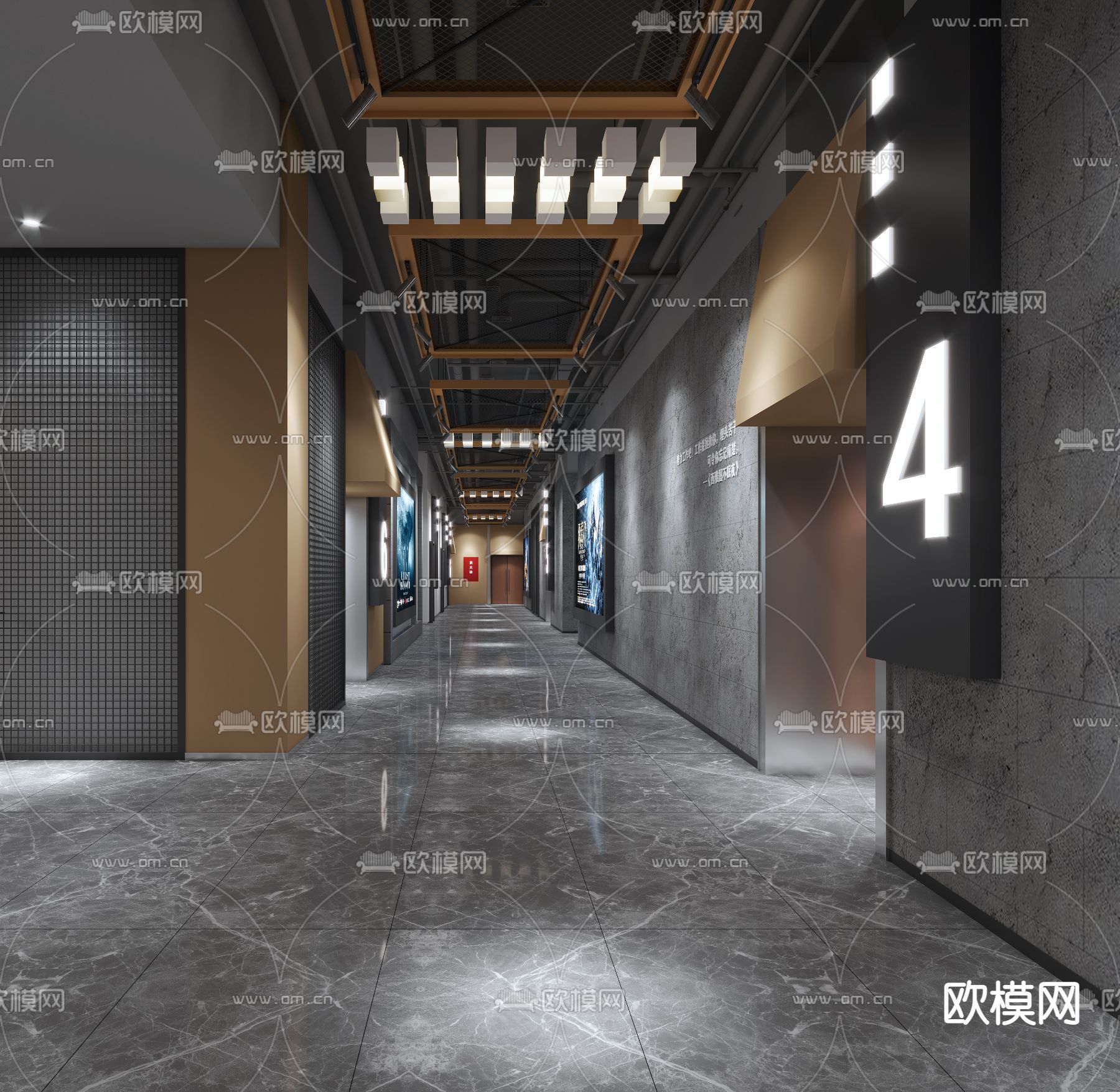 现代电影院大厅过道3d模型下载（渲染图2）