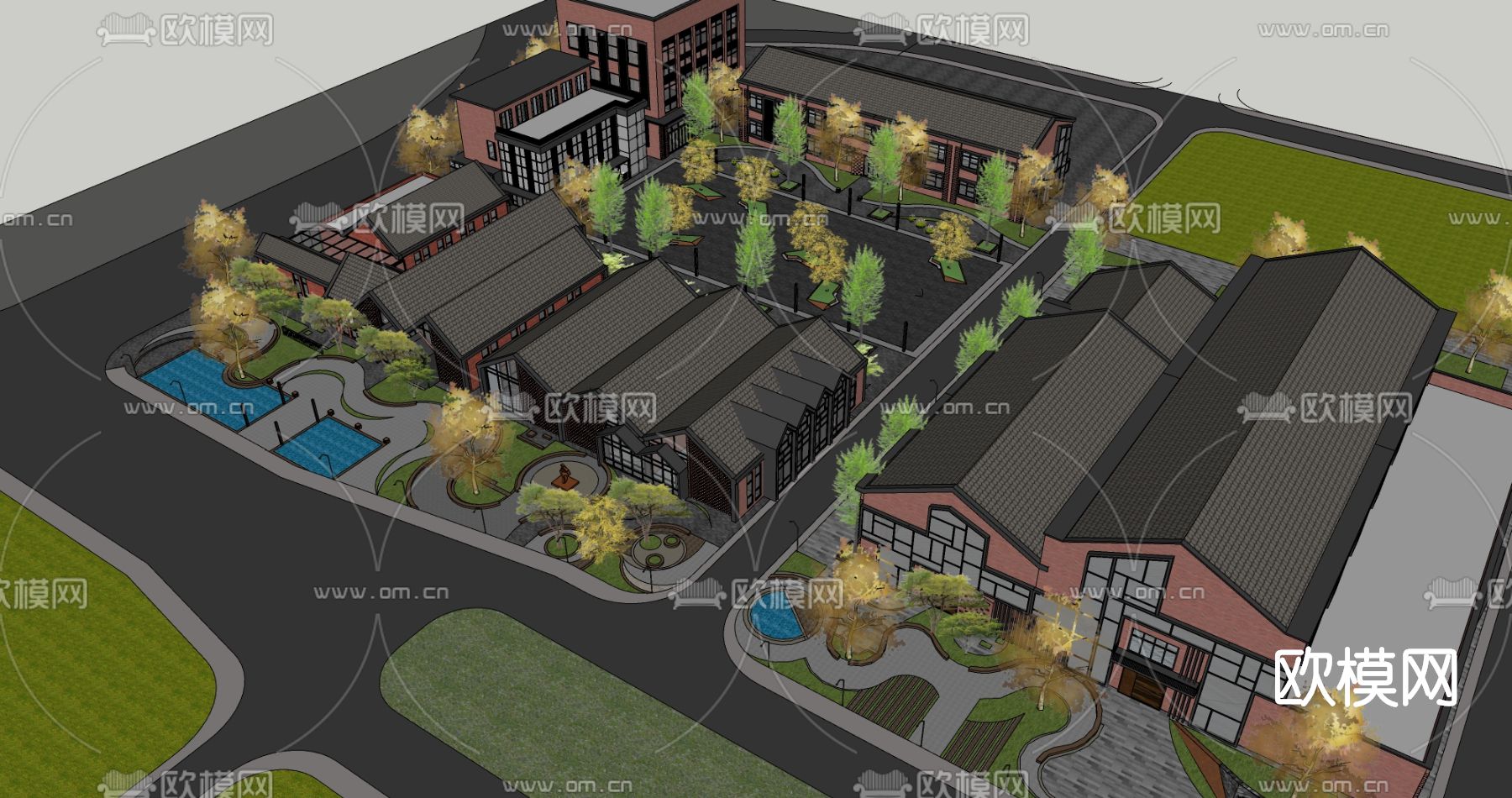 工业风工厂区鸟瞰su模型下载（渲染图1）