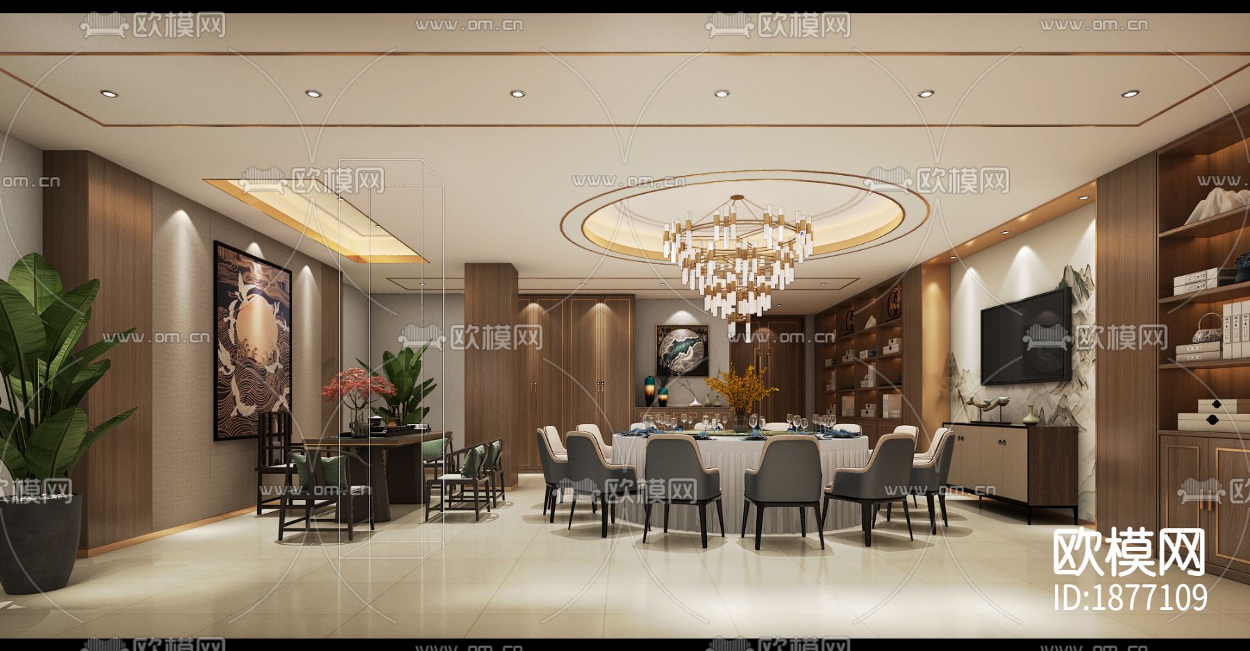 新中式海鲜餐厅cad施工图下载（渲染图2）