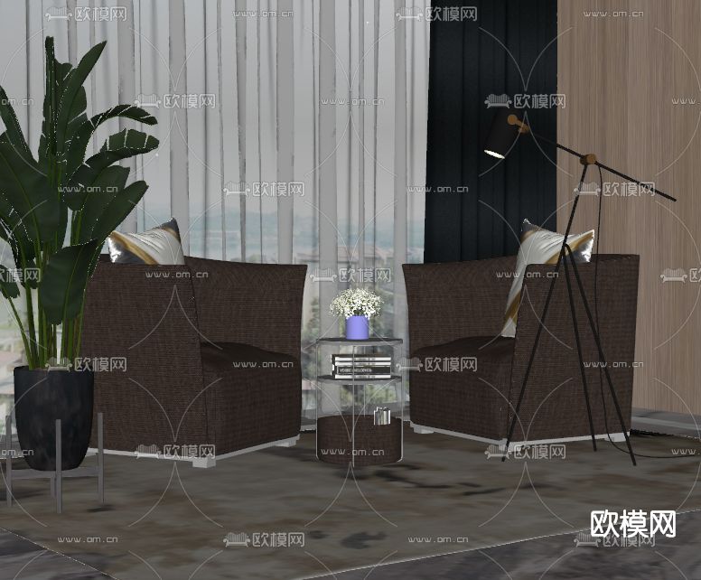 现代布艺休闲沙发su模型下载（渲染图2）