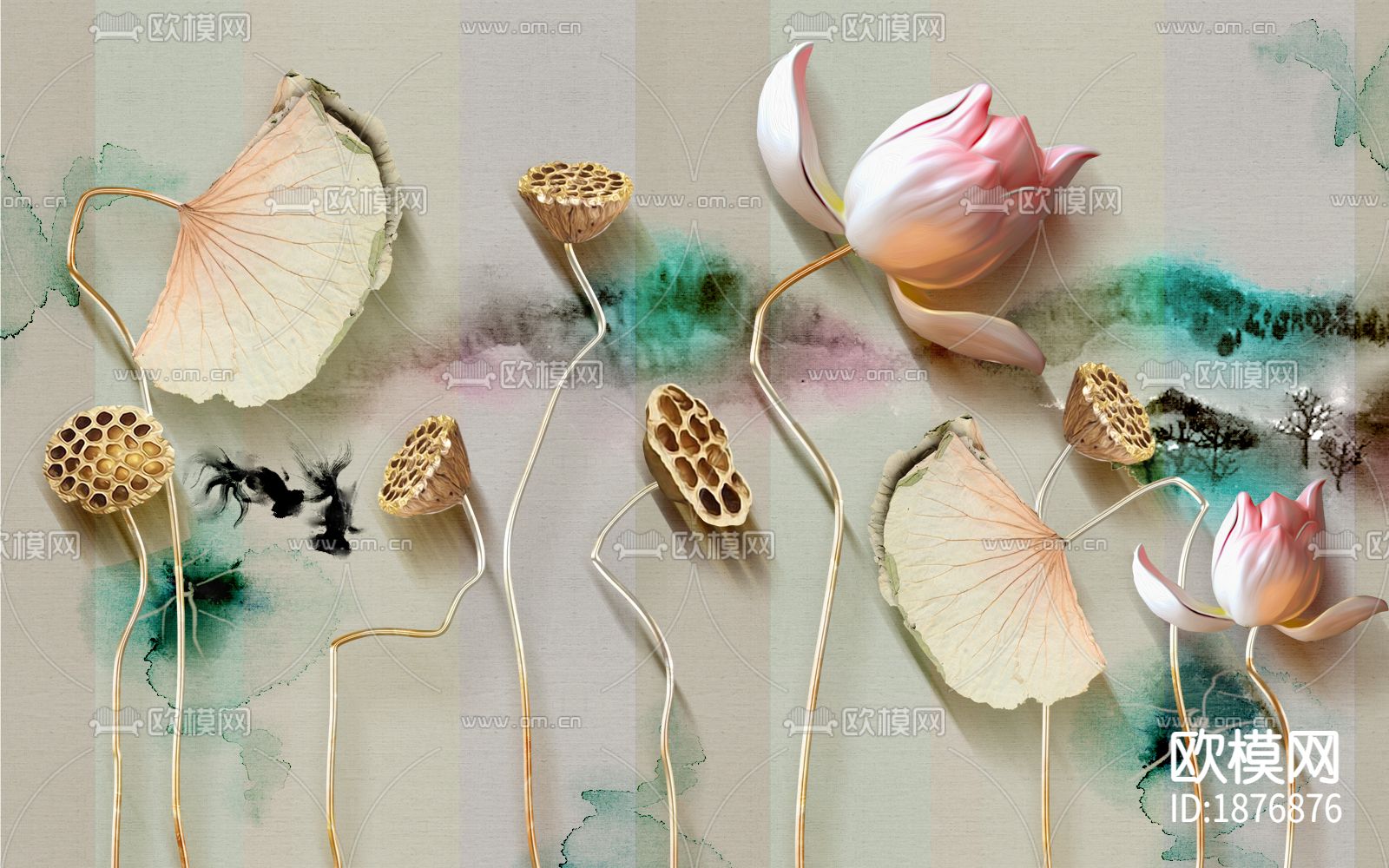 中式荷花壁布壁纸下载（渲染图2）