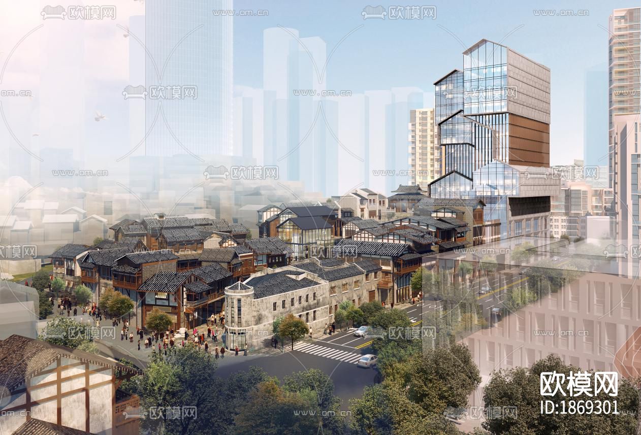 中式商业街cad施工图下载（渲染图1）