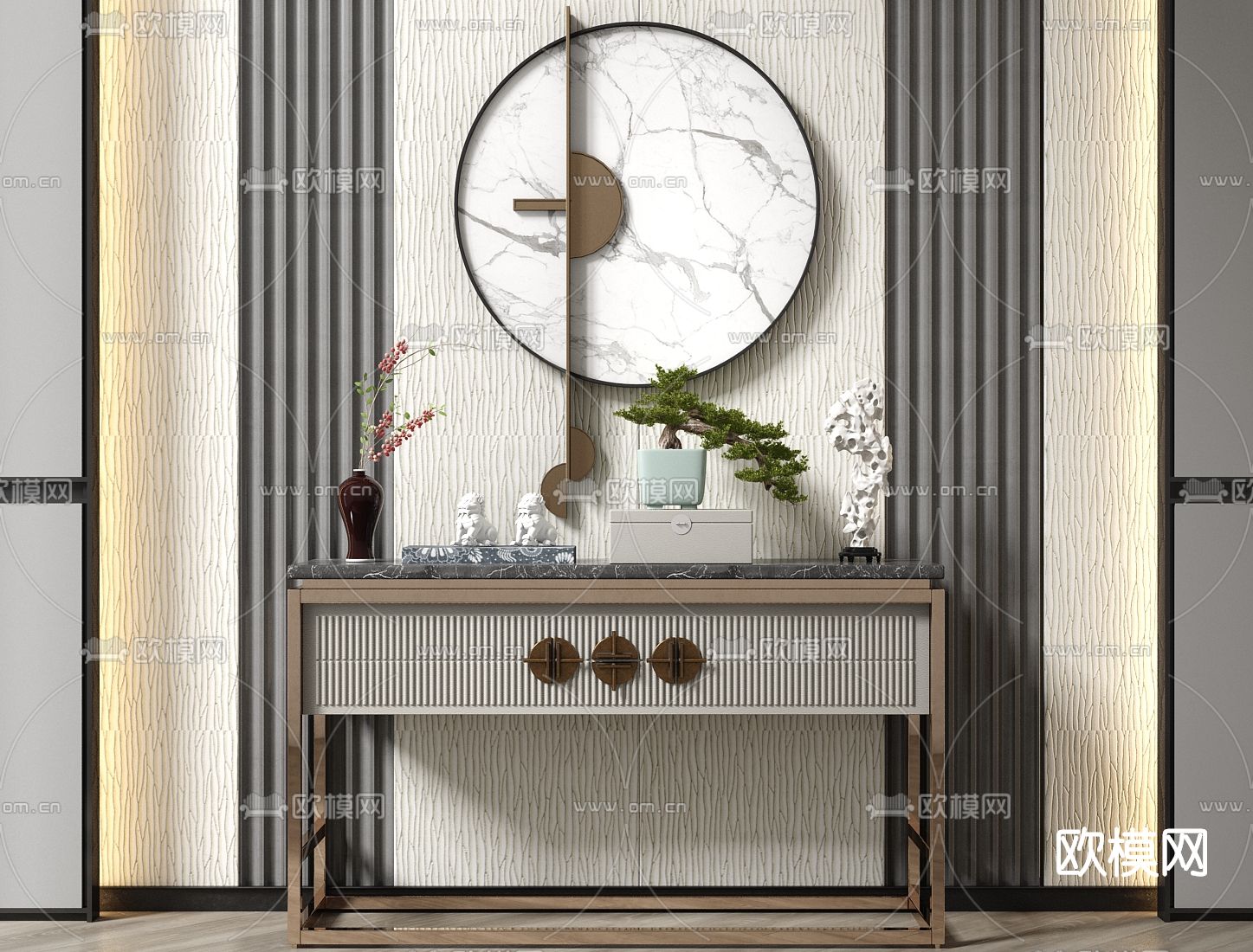 新中式端景台案su模型下载