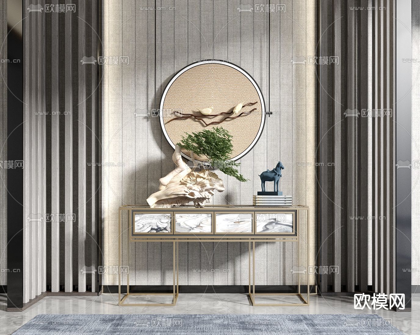 新中式大理石端景条案su模型下载