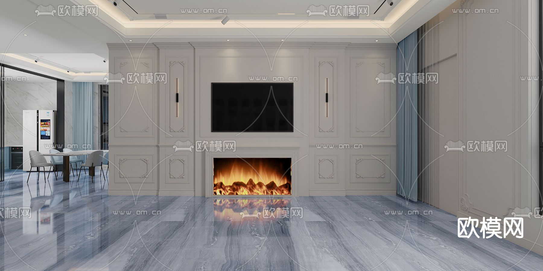 法式客厅餐厅免费3d模型下载（渲染图1）