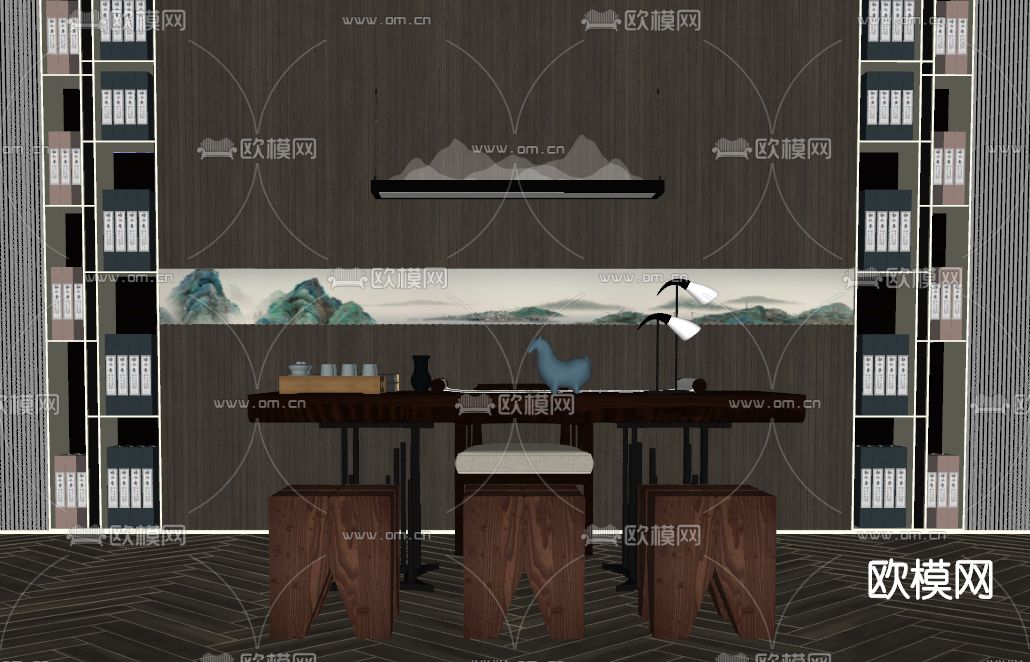 新中式实木书桌椅su模型下载（渲染图2）
