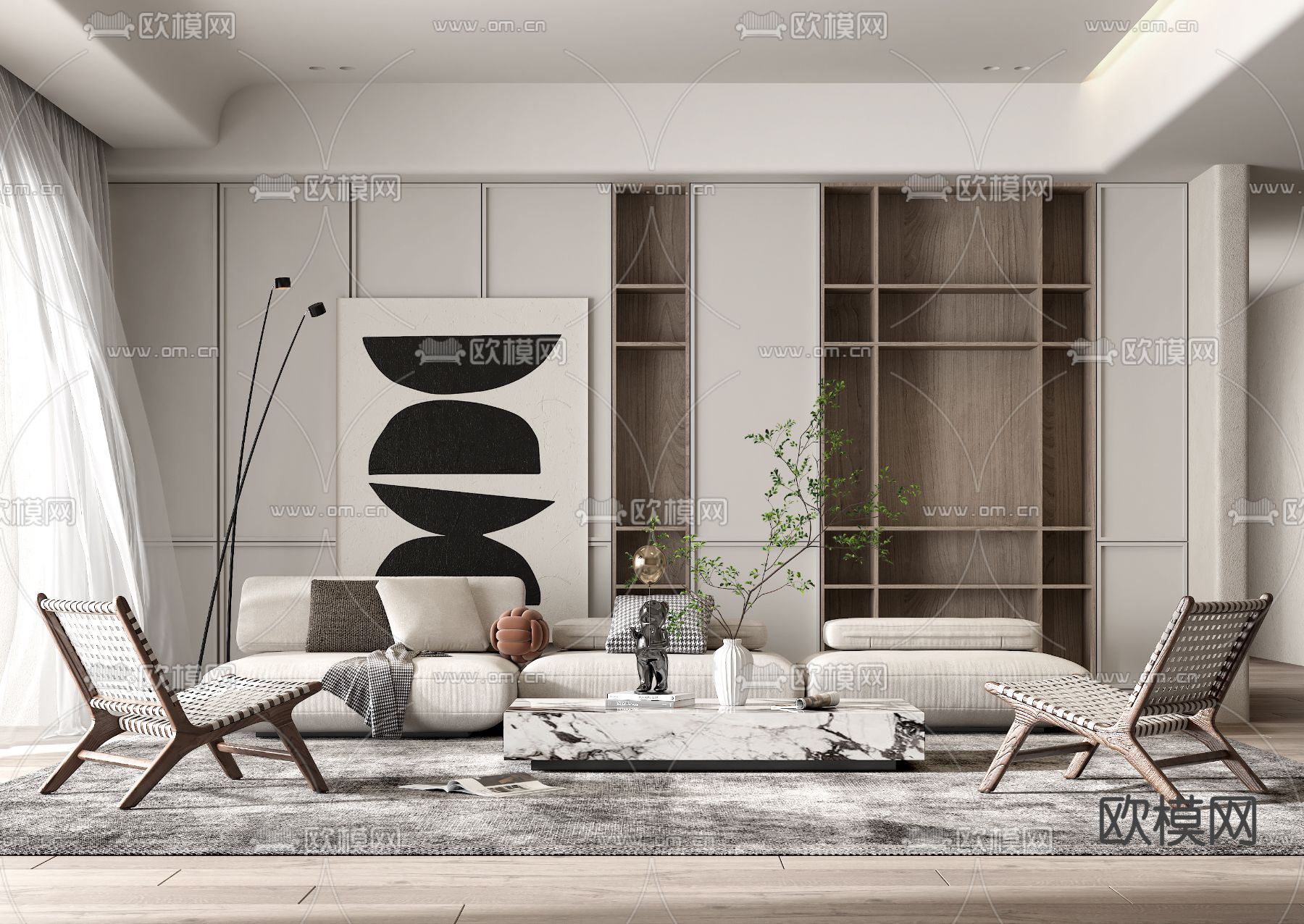 侘寂风布艺沙发组合3d模型下载（渲染图1）