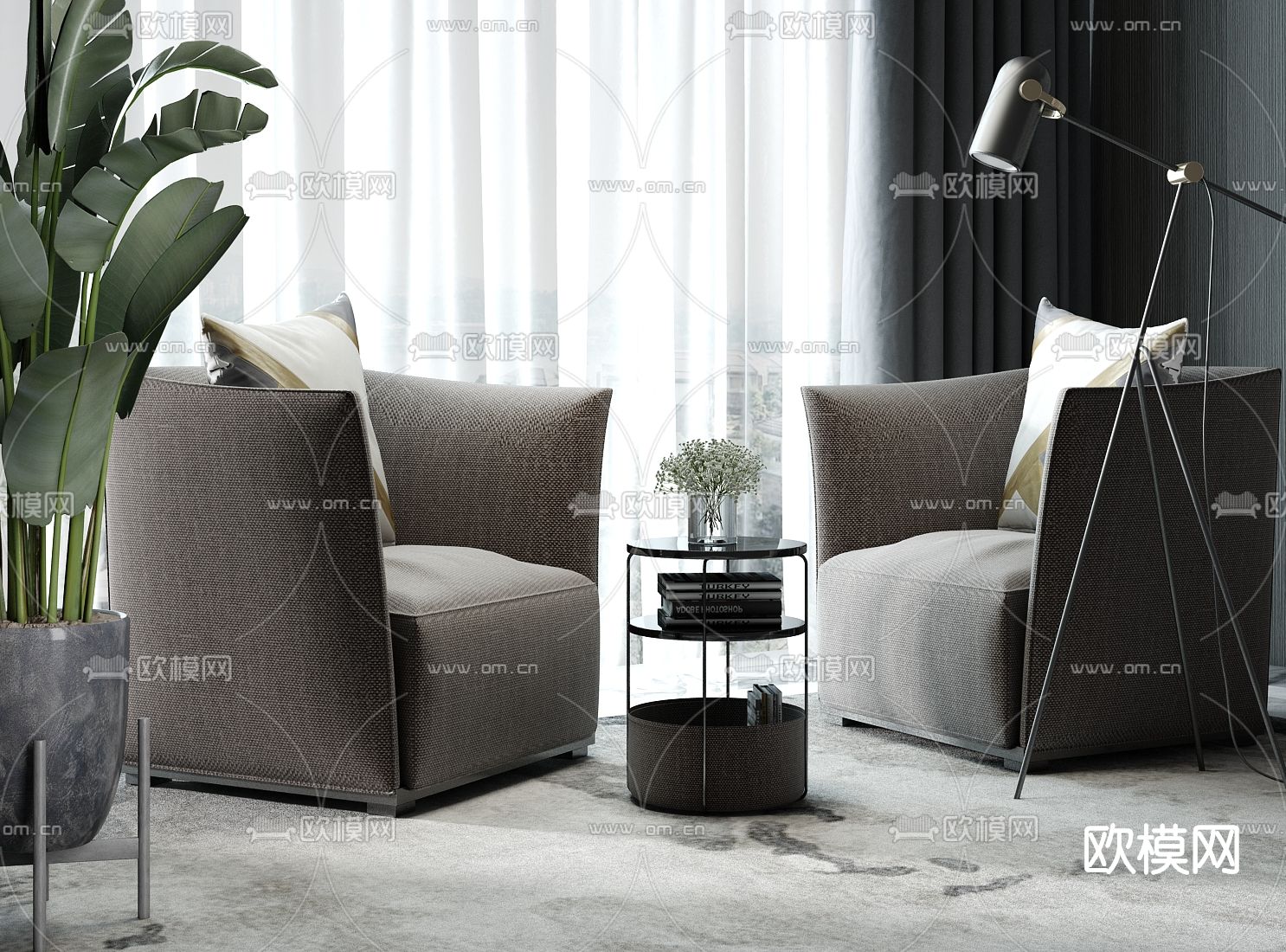 现代布艺休闲沙发su模型下载（渲染图1）