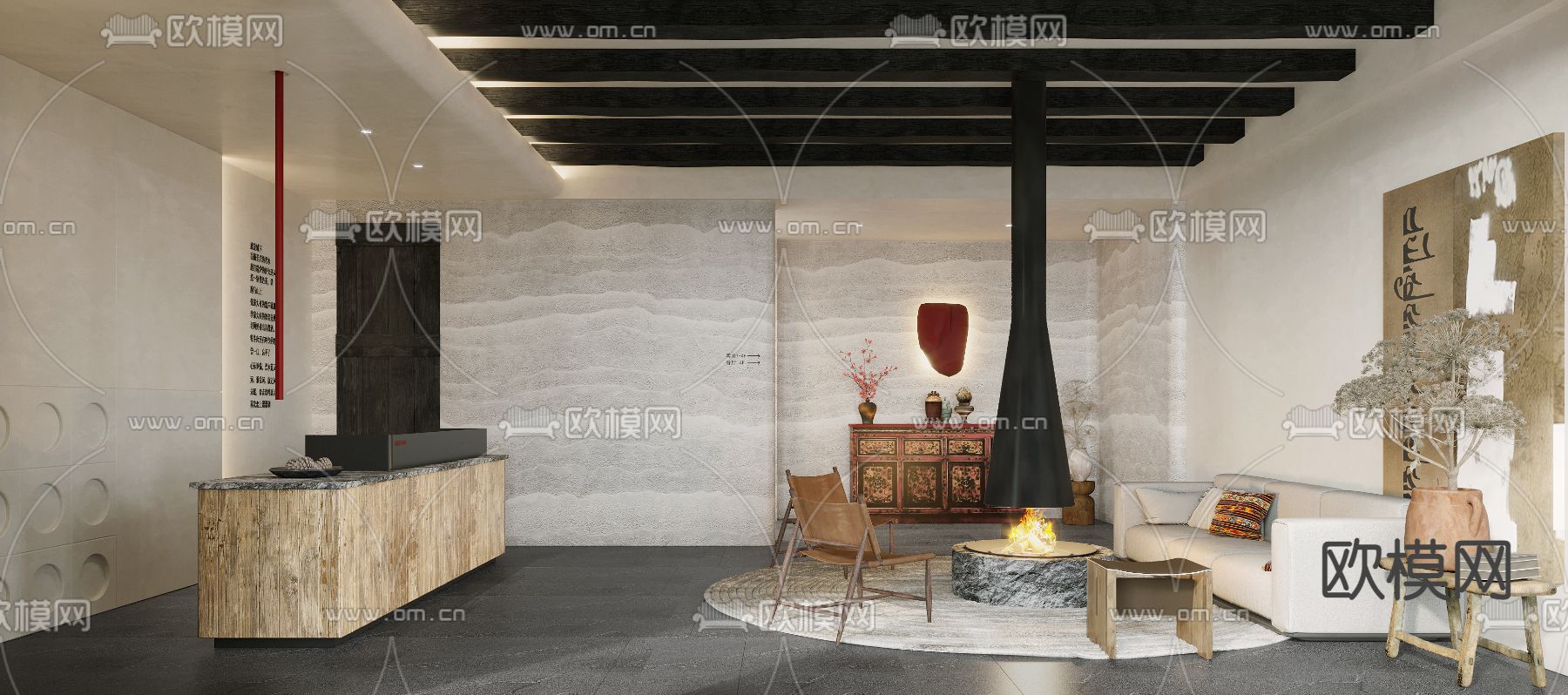 现代藏式民宿大厅3d模型下载（渲染图2）