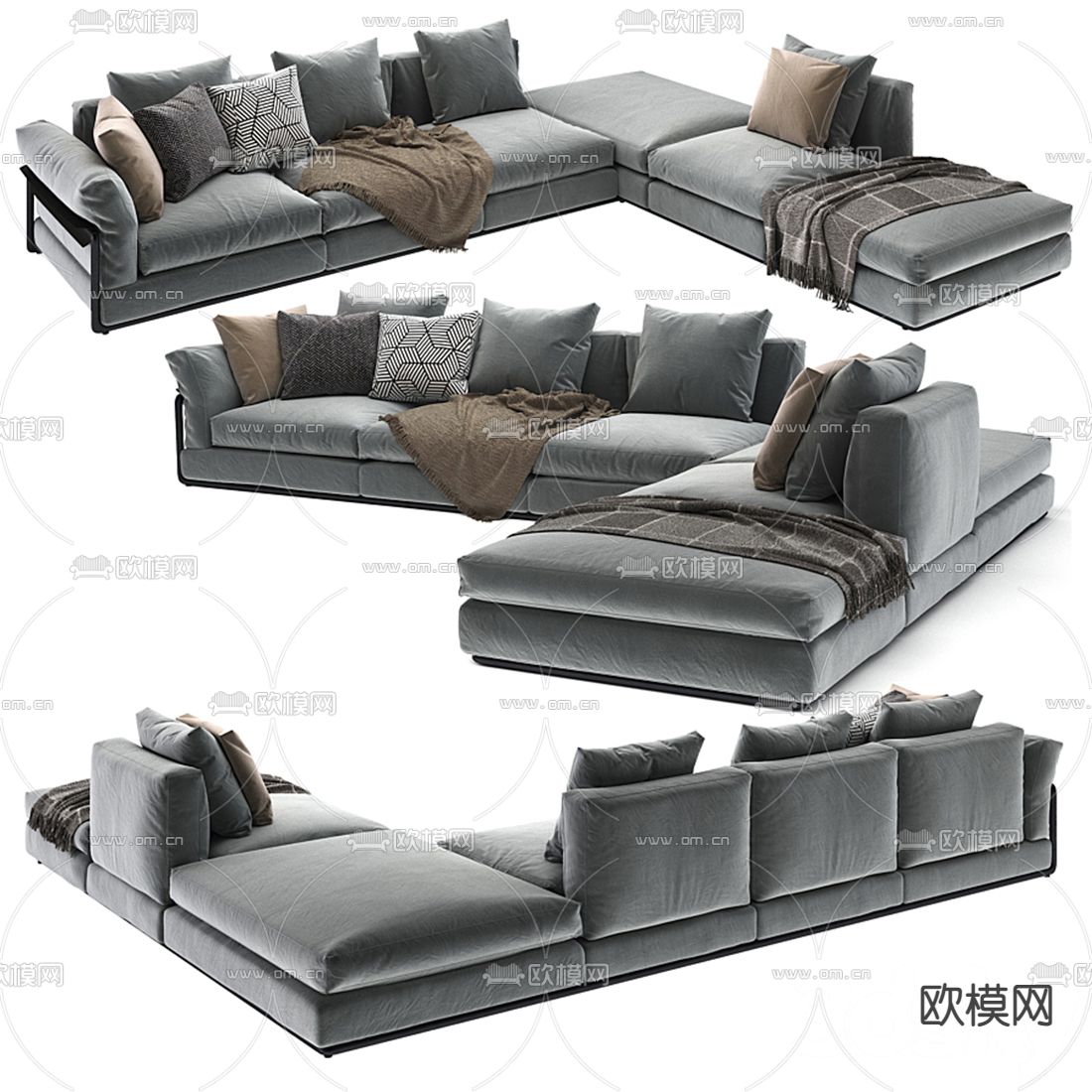 现代布艺转角沙发3d模型下载（渲染图1）