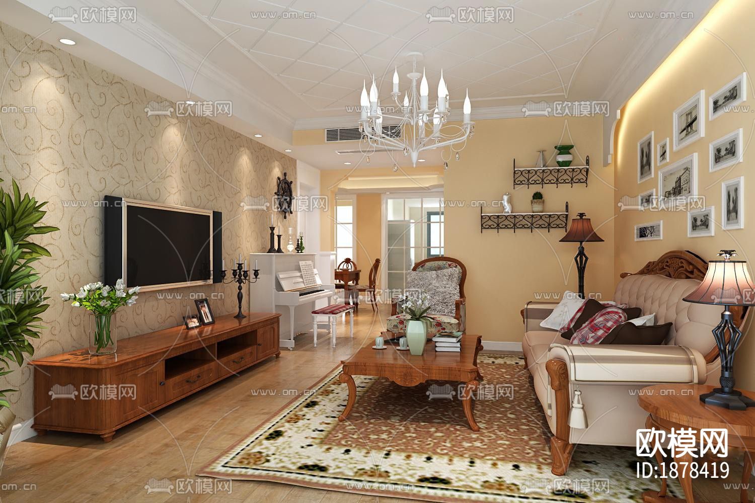 四室两厅(现代田园风格)CAD施工图下载（渲染图1）