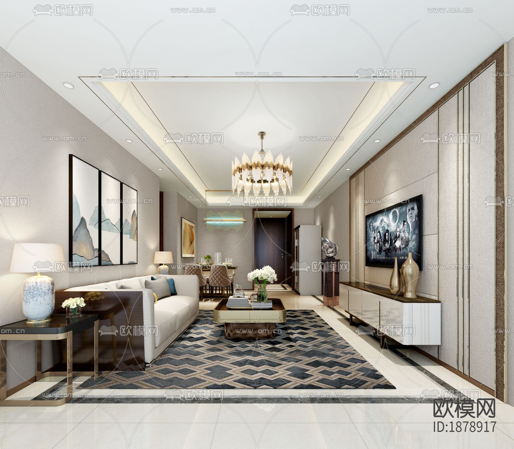 142㎡三居家装样板房cad施工图下载（渲染图5）