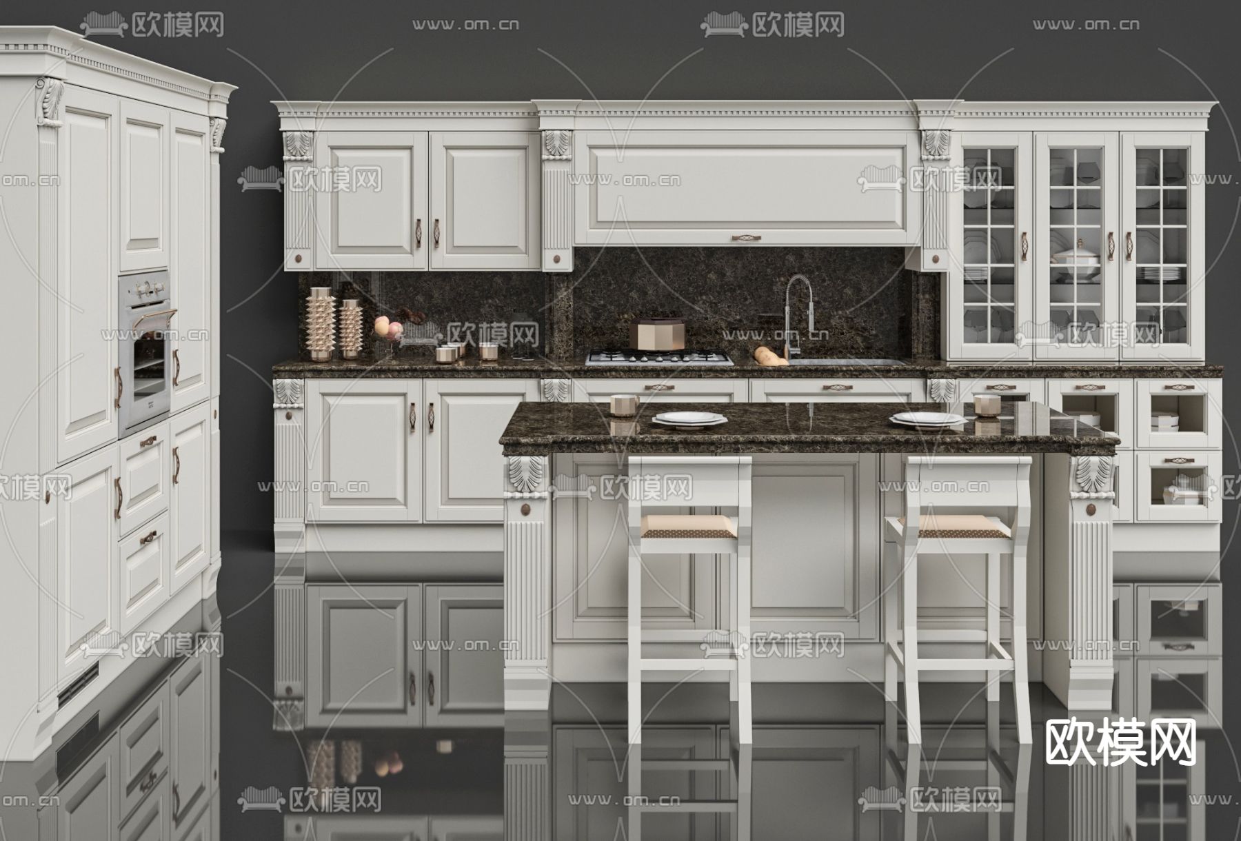 欧式开放式厨房橱柜3d模型下载