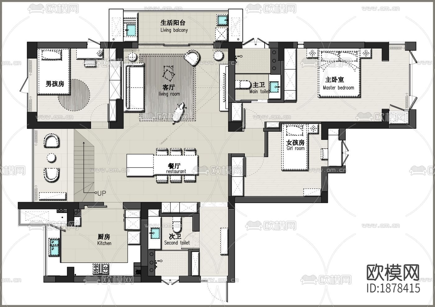 245㎡杭州现代简约住宅CAD施工图下载（渲染图1）
