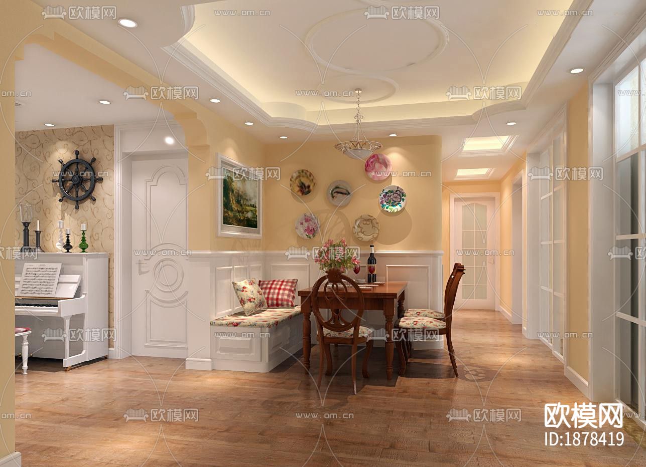 四室两厅(现代田园风格)CAD施工图下载（渲染图2）