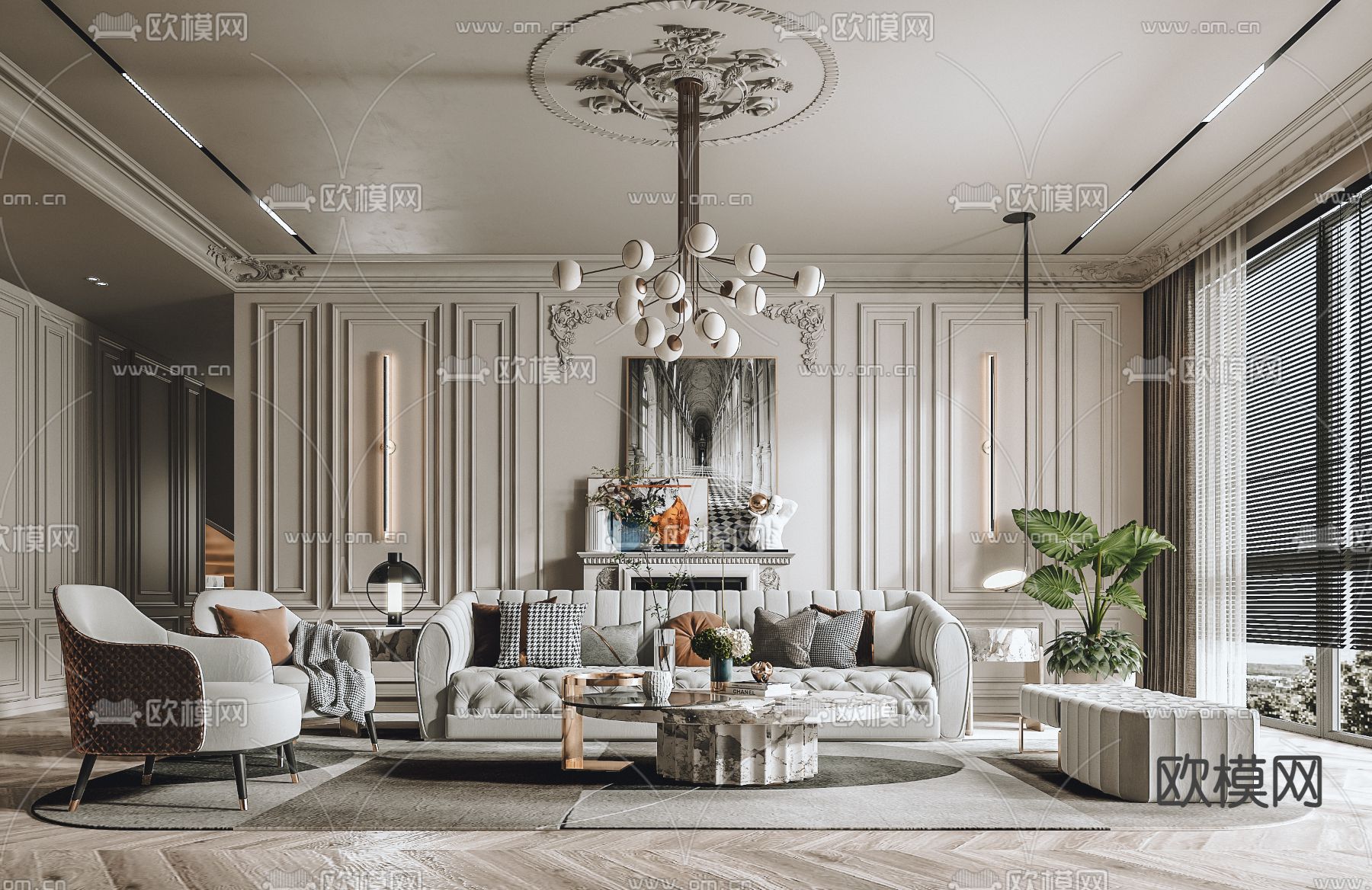 美式布艺沙发组合3d模型下载