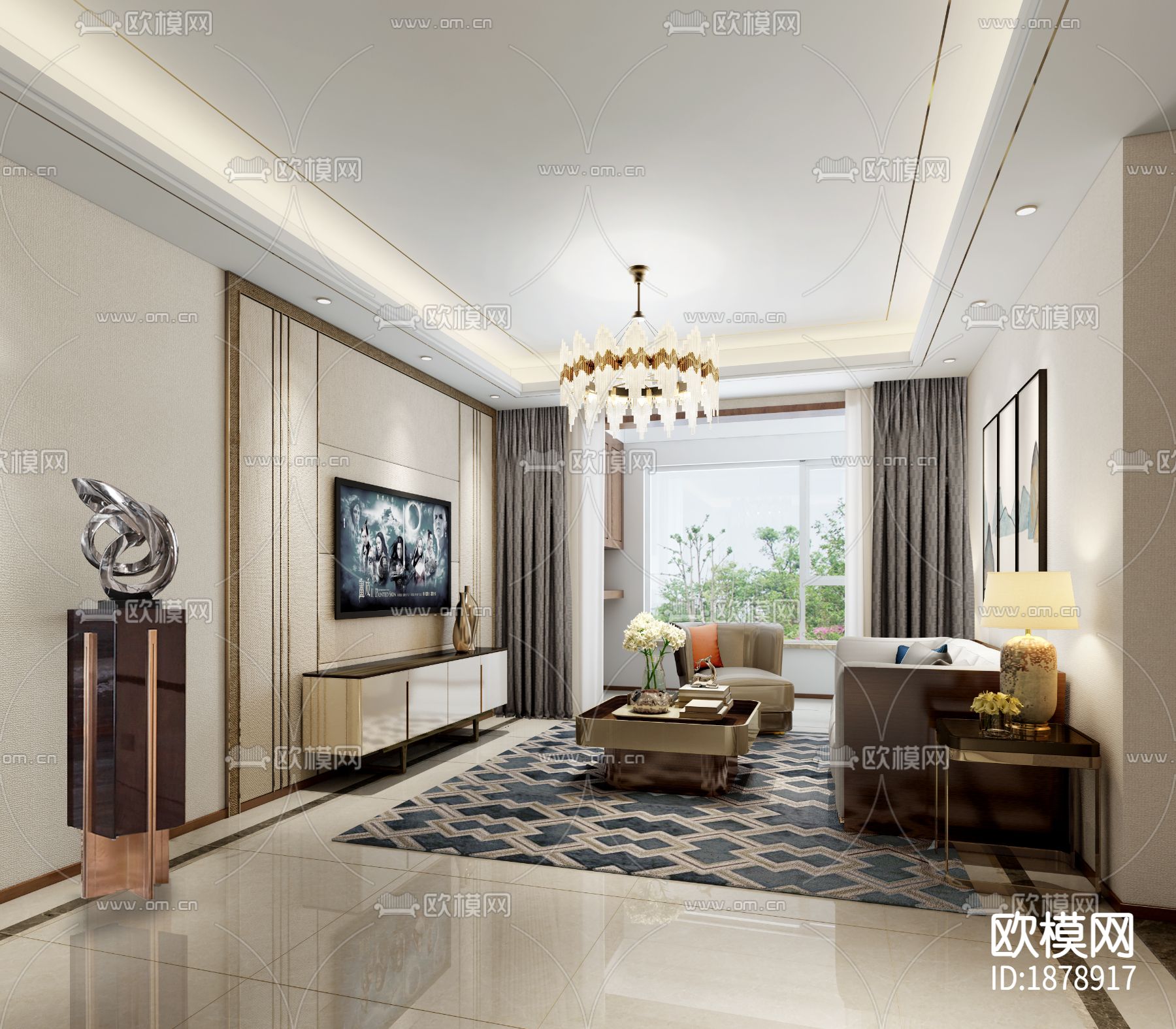 142㎡三居家装样板房cad施工图下载（渲染图6）