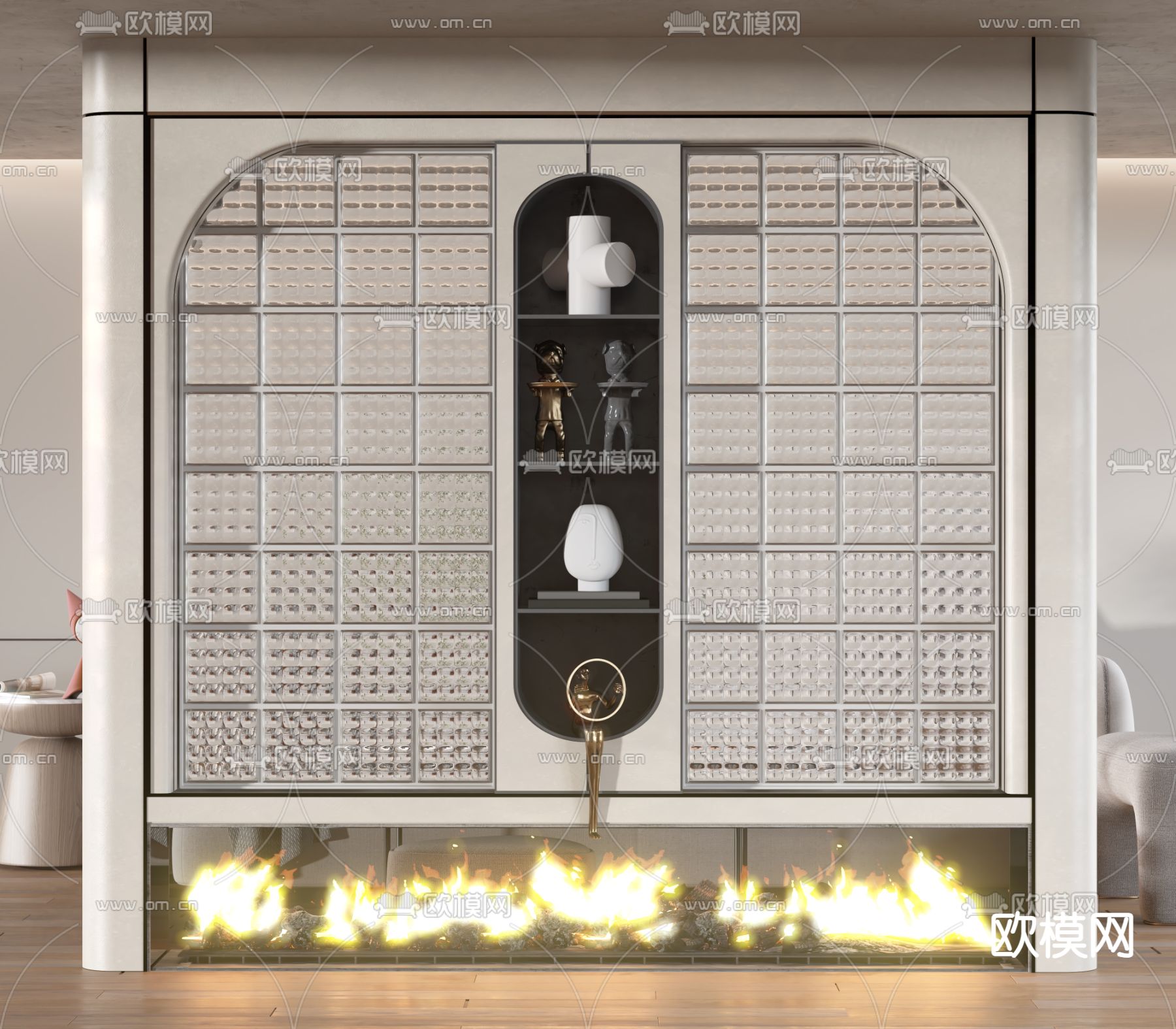 侘寂玻璃砖壁炉隔断3d模型下载