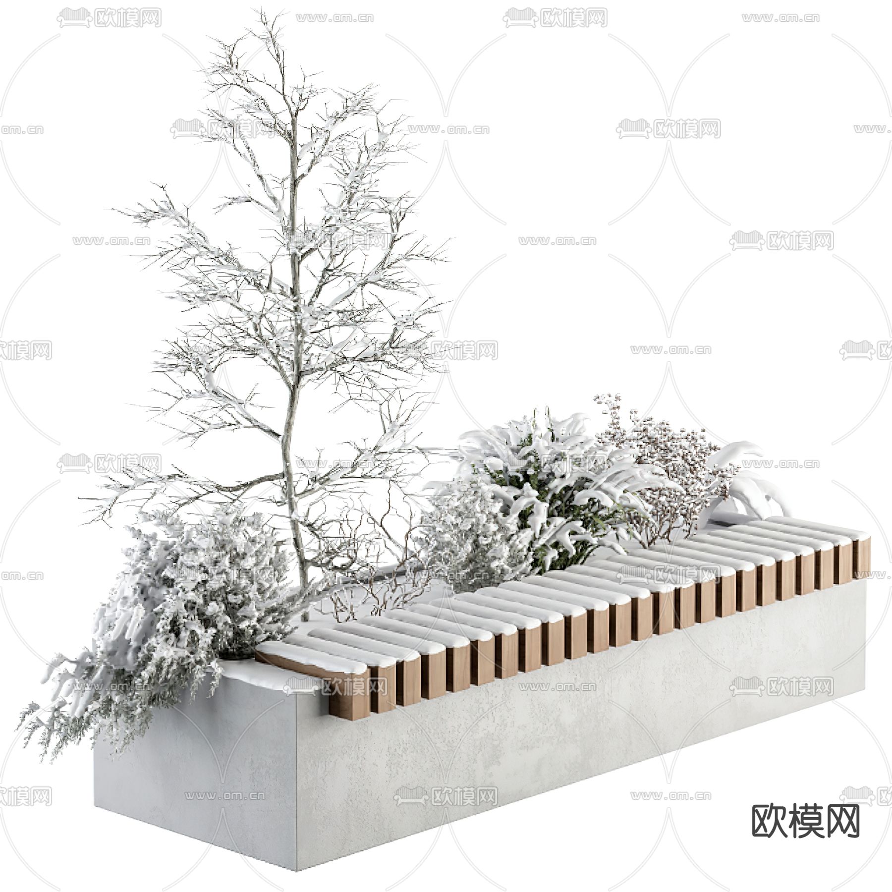 现代树池户外椅雪景3d模型下载
