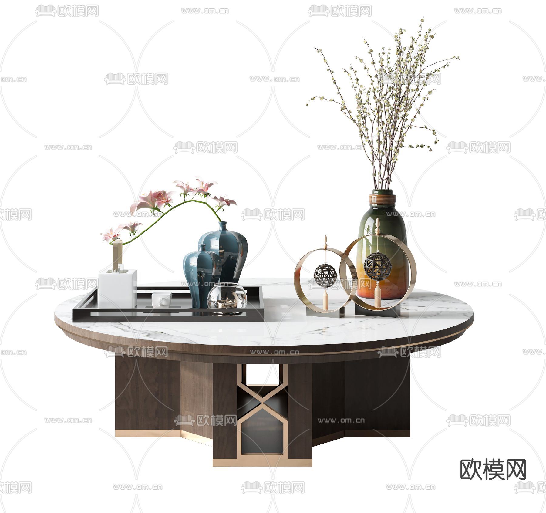 新中式大理石茶几3d模型下载（渲染图2）