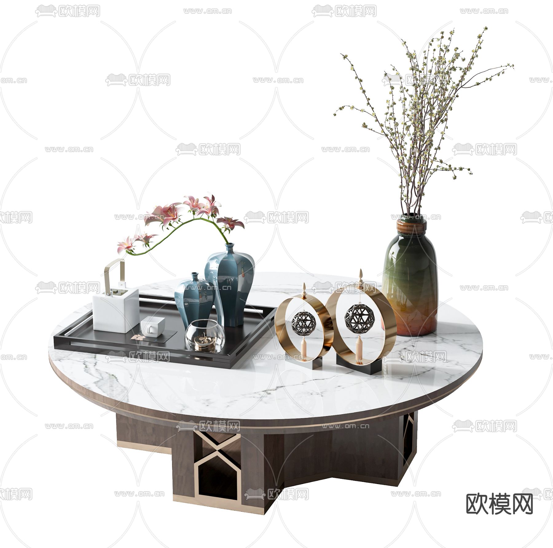 新中式大理石茶几3d模型下载（渲染图1）