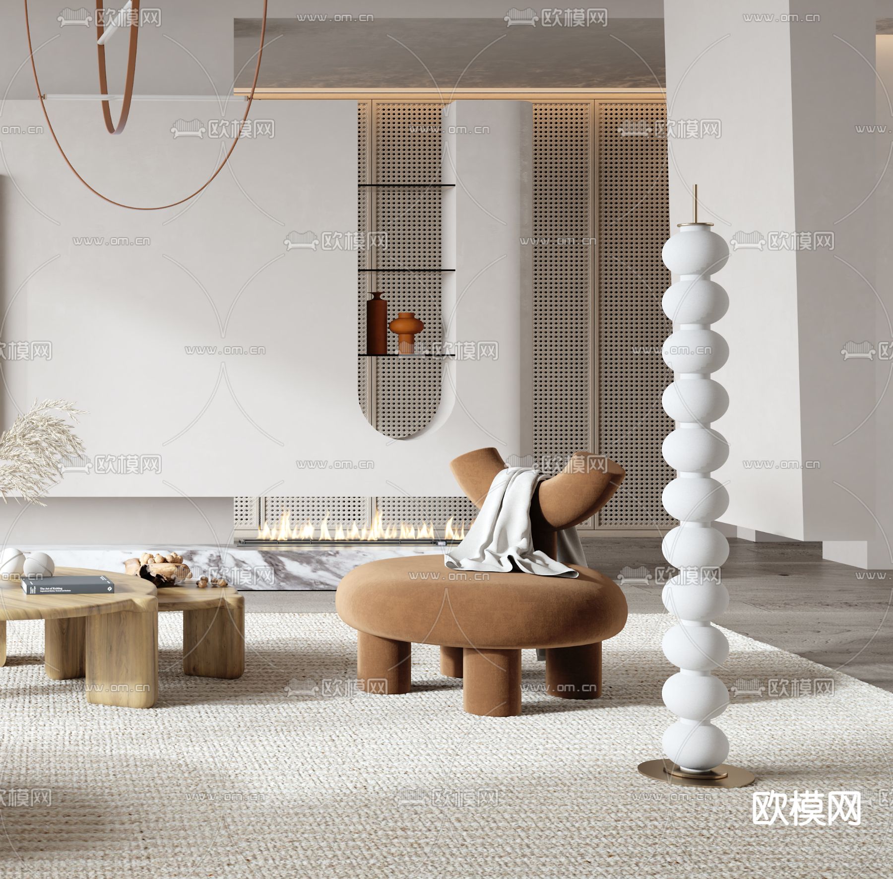 侘寂布艺弧形沙发组合3d模型下载（渲染图3）