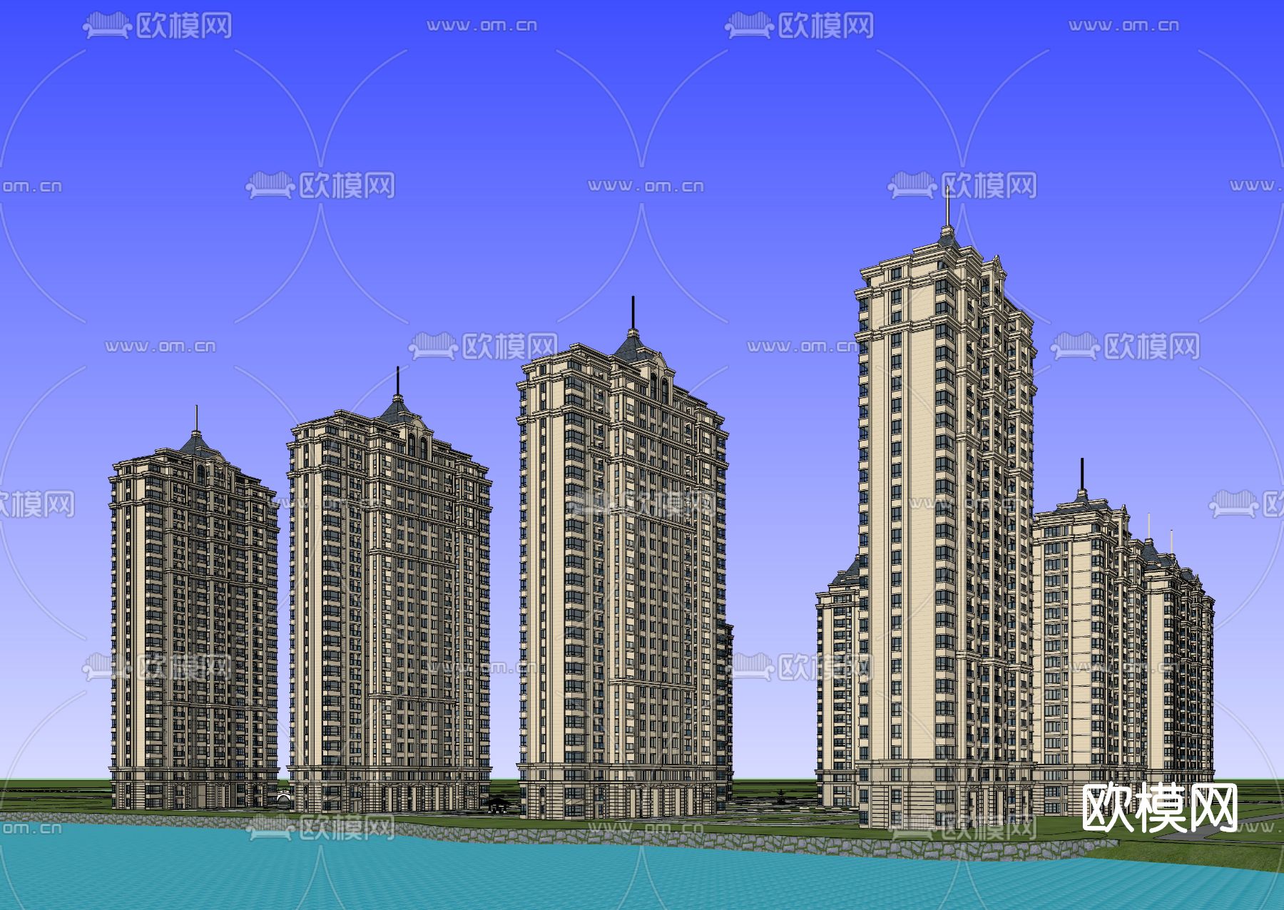 欧式小区住宅楼外观su模型下载（渲染图3）