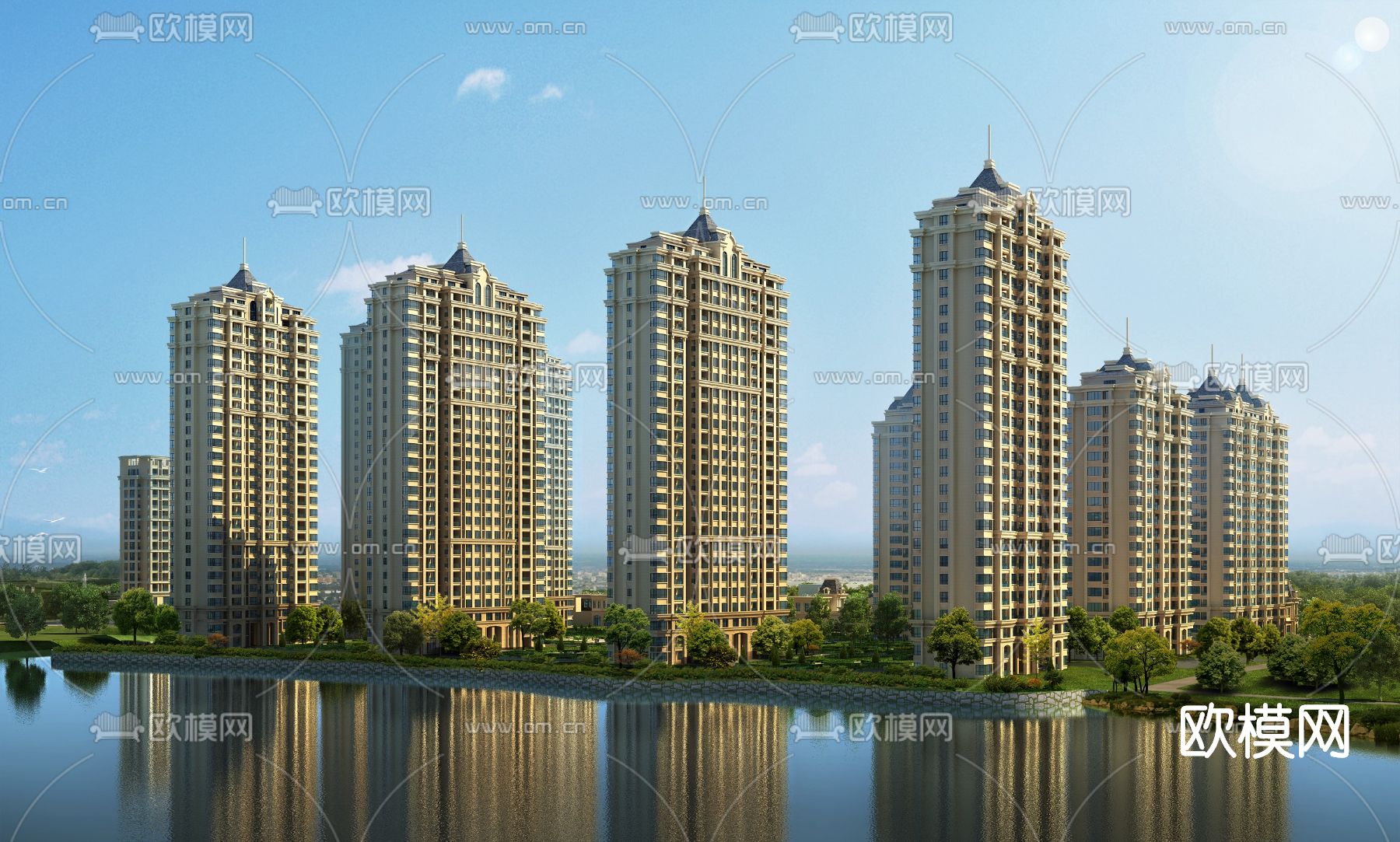 欧式小区住宅楼外观su模型下载（渲染图1）