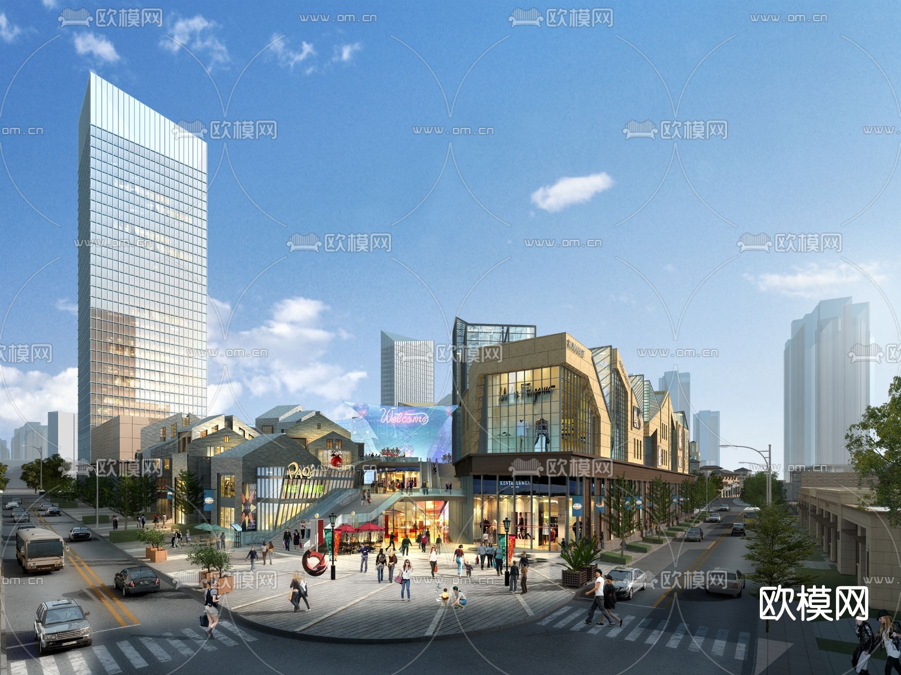 现代商业综合楼外观su模型下载（渲染图1）