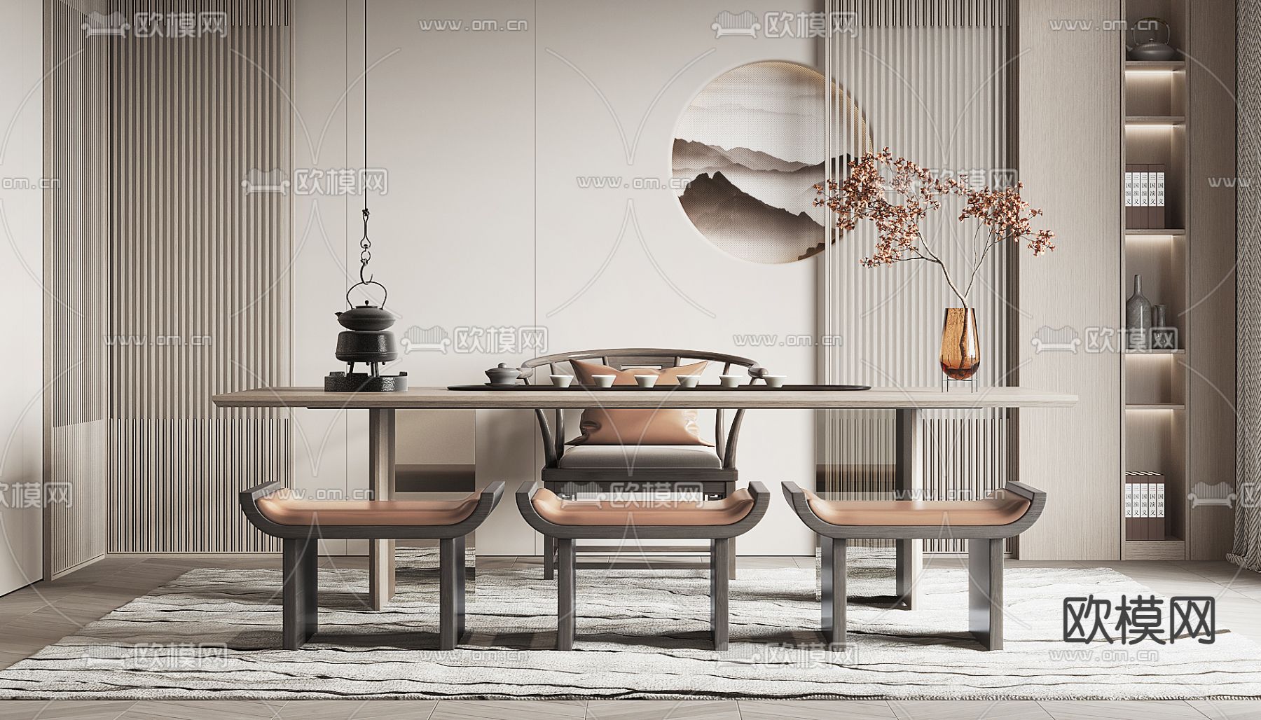 新中式茶室3d模型下载（渲染图2）