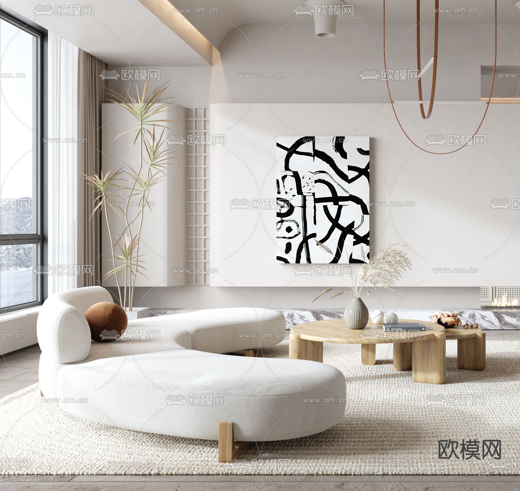 侘寂布艺弧形沙发组合3d模型下载（渲染图2）