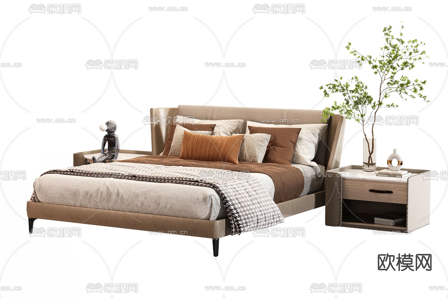 现代皮革双人床3d模型下载