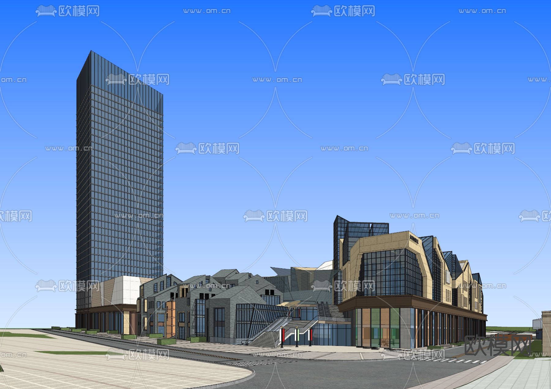 现代商业综合楼外观su模型下载（渲染图2）