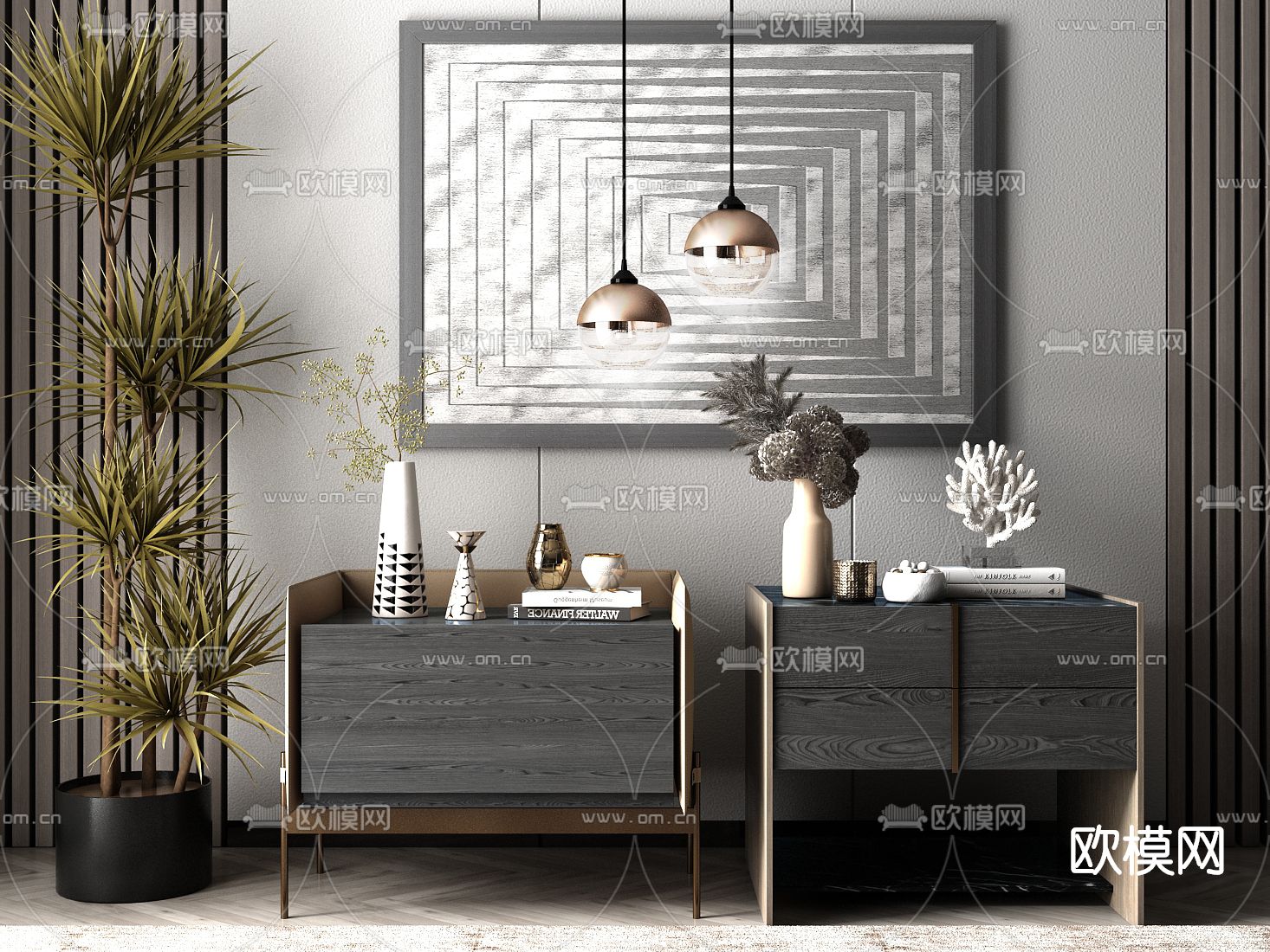 现代轻奢床头柜su模型下载（渲染图1）