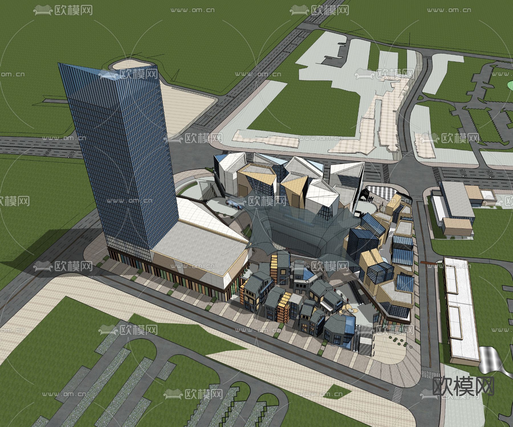 现代商业综合楼外观su模型下载（渲染图3）