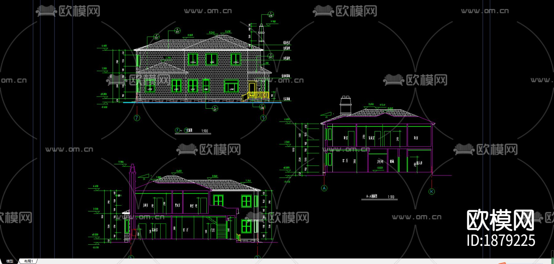 某宾馆别墅cad施工图下载（渲染图3）