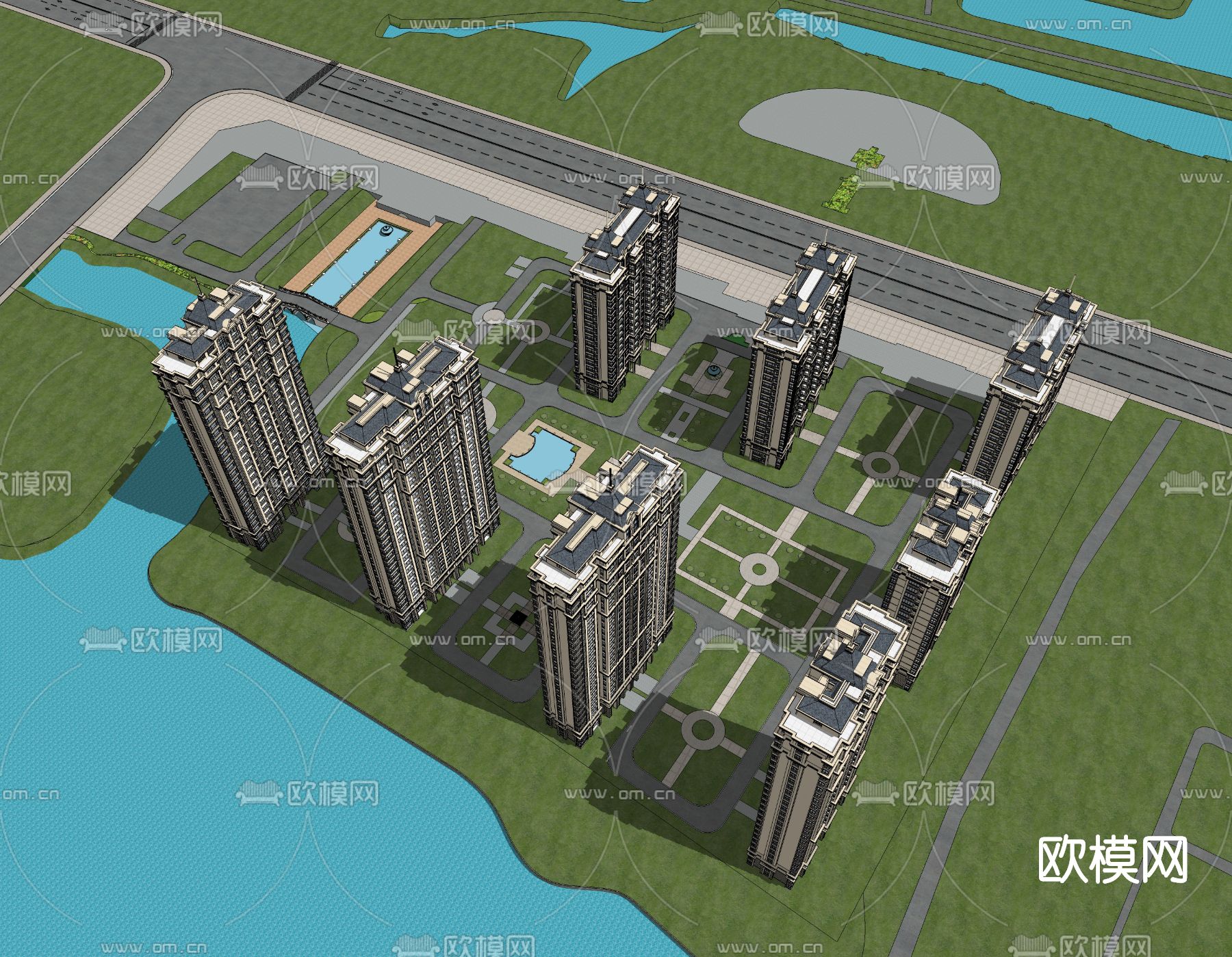 欧式小区住宅楼外观su模型下载（渲染图2）