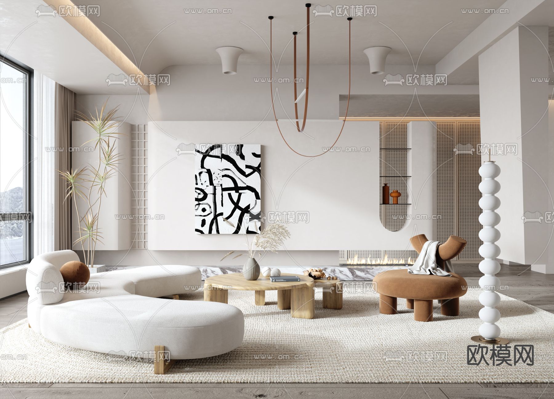 侘寂布艺弧形沙发组合3d模型下载（渲染图1）