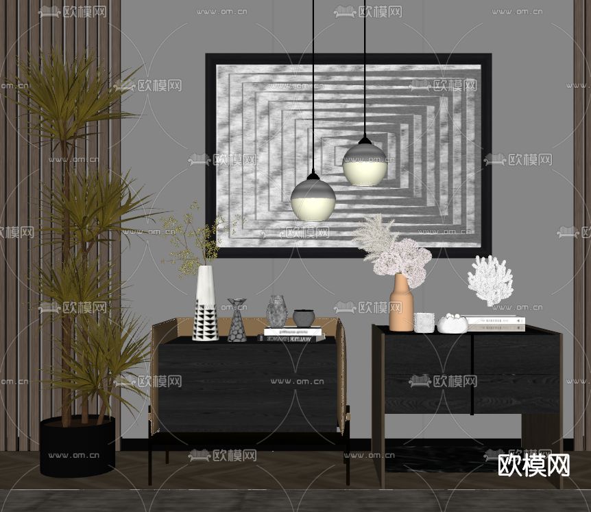 现代轻奢床头柜su模型下载（渲染图2）