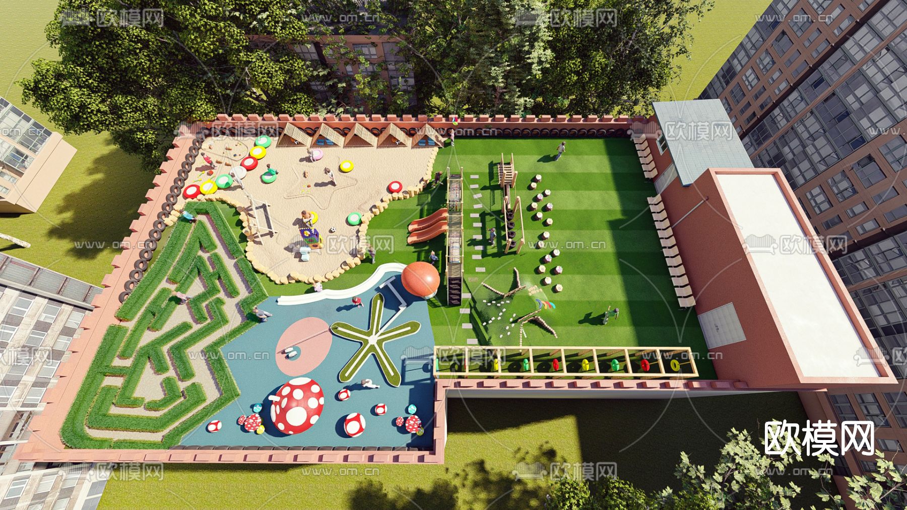现代屋顶幼儿园活动区su模型下载（渲染图1）